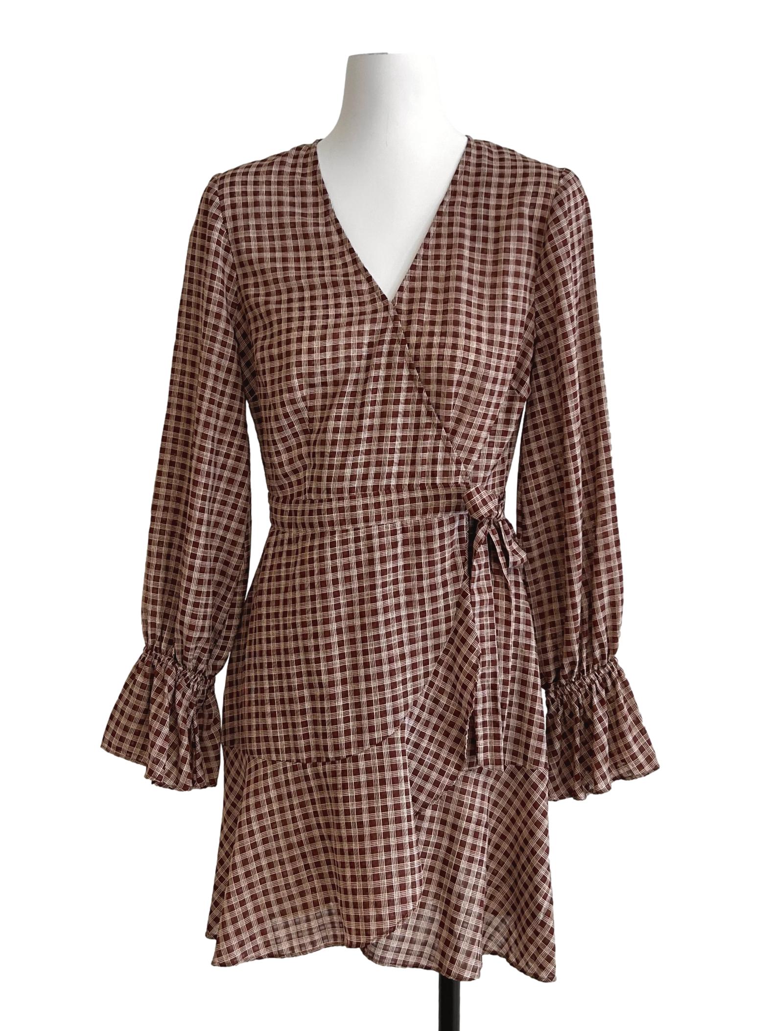 Cinnamon Brown Gingham Wrap Dress