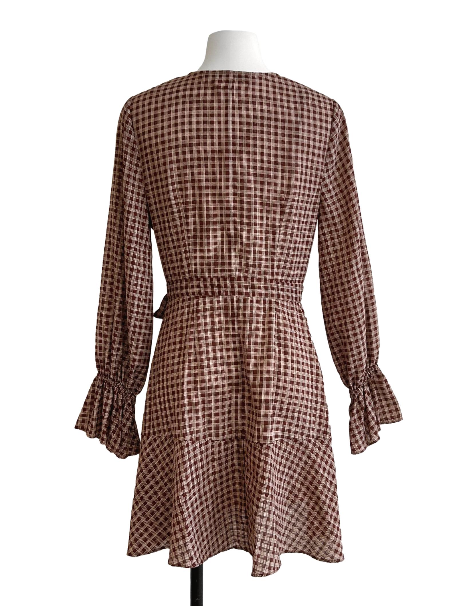 Cinnamon Brown Gingham Wrap Dress