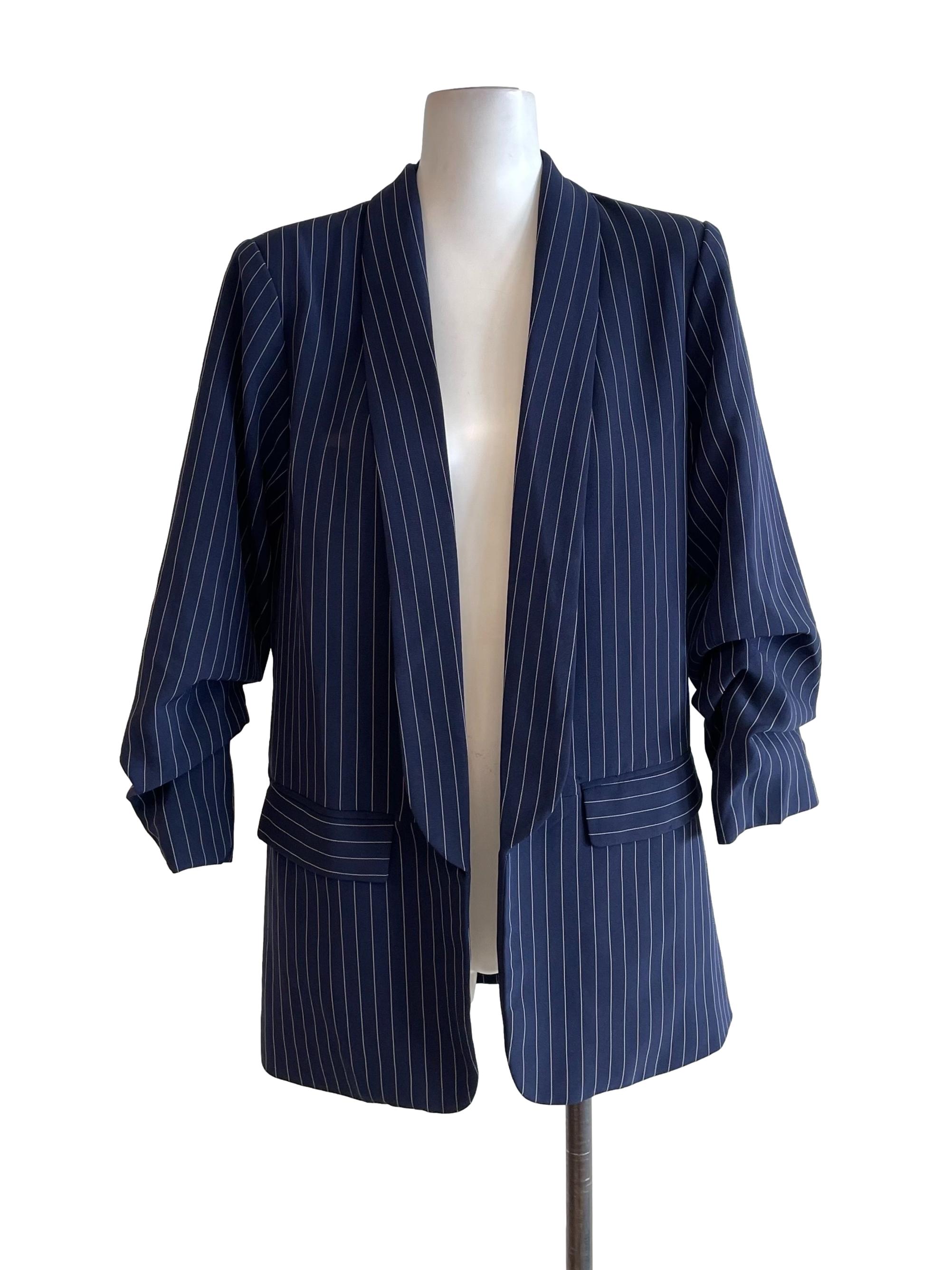 Navy Pinstripe Ruched Sleeves Blazer