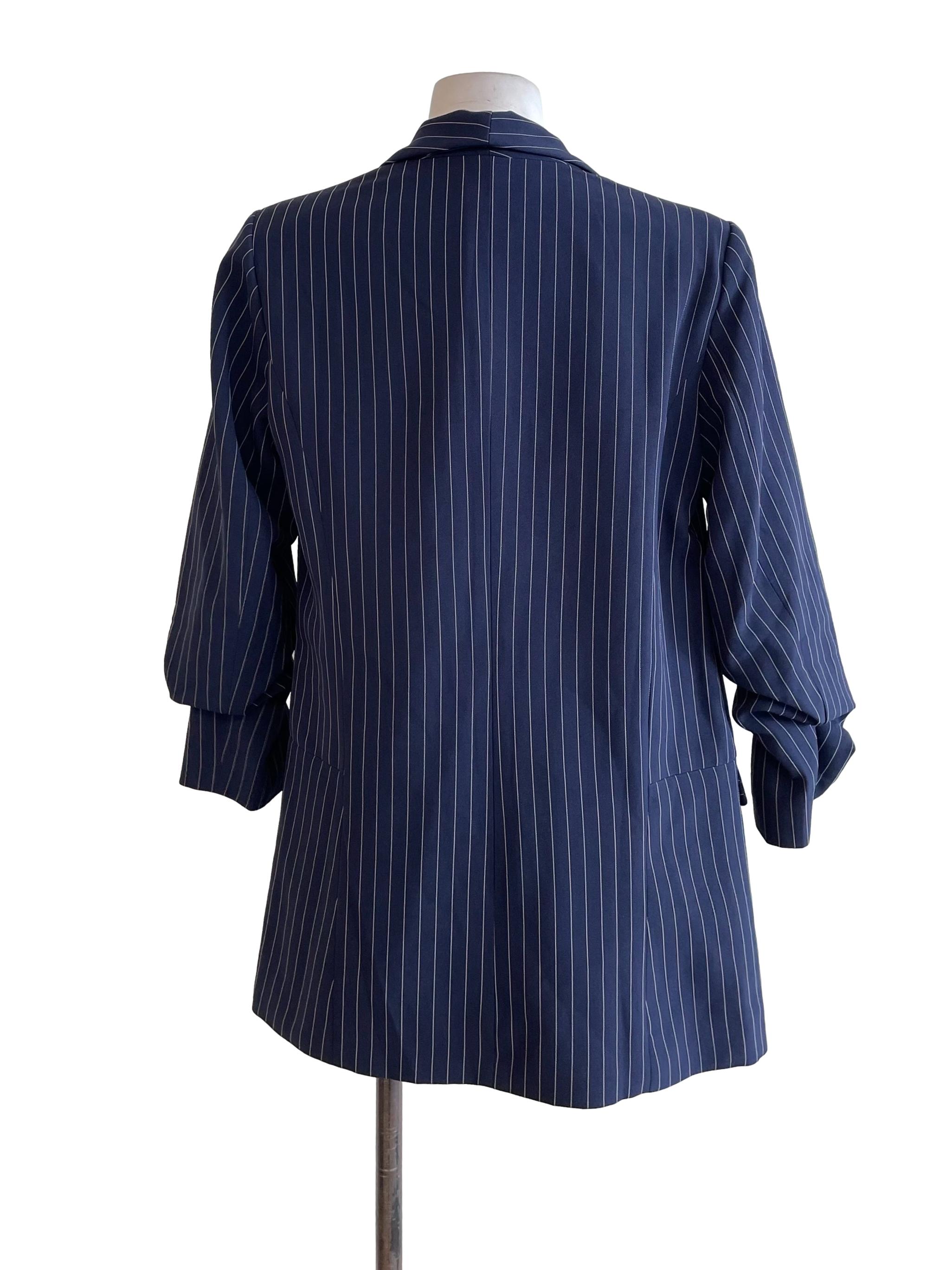 Navy Pinstripe Ruched Sleeves Blazer