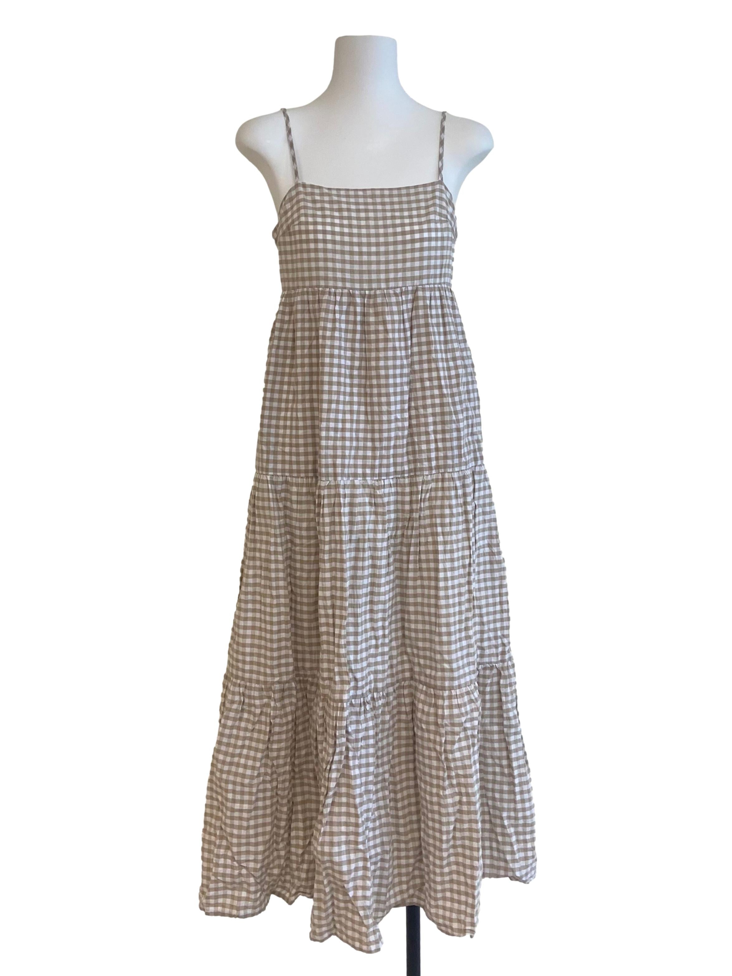White & Brown Gingham Sleeveless Layered Dress