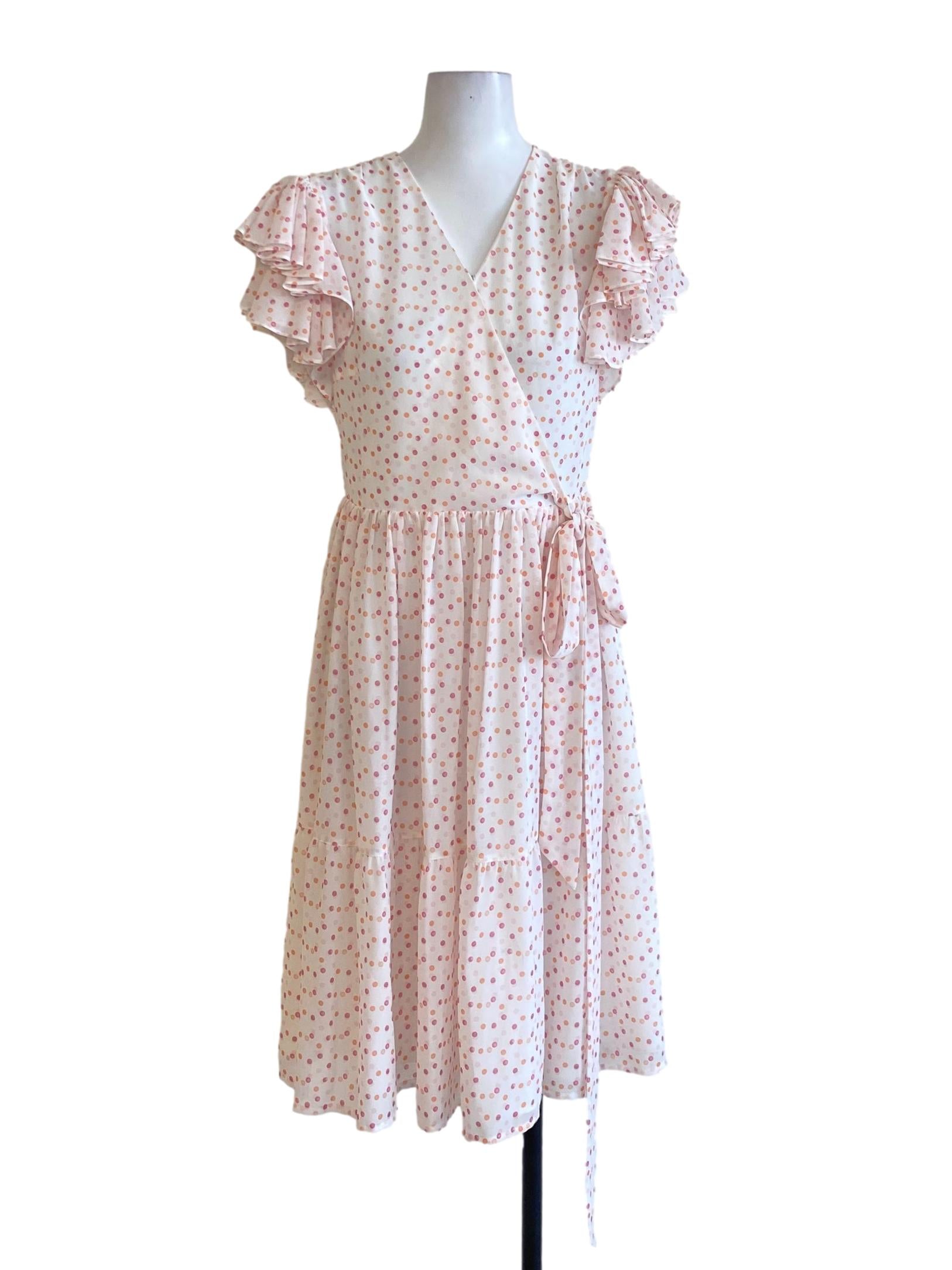 Flamingo Pink Polkadot V-Neck Circular Cap Wrap Dress