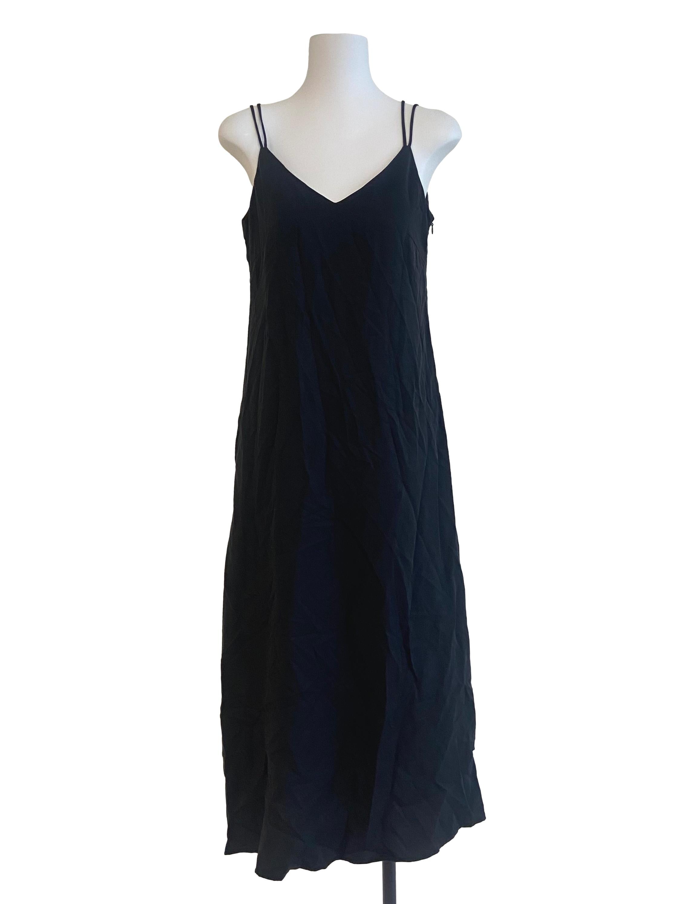 Black Spaghetti Strap Twill Slit Dress