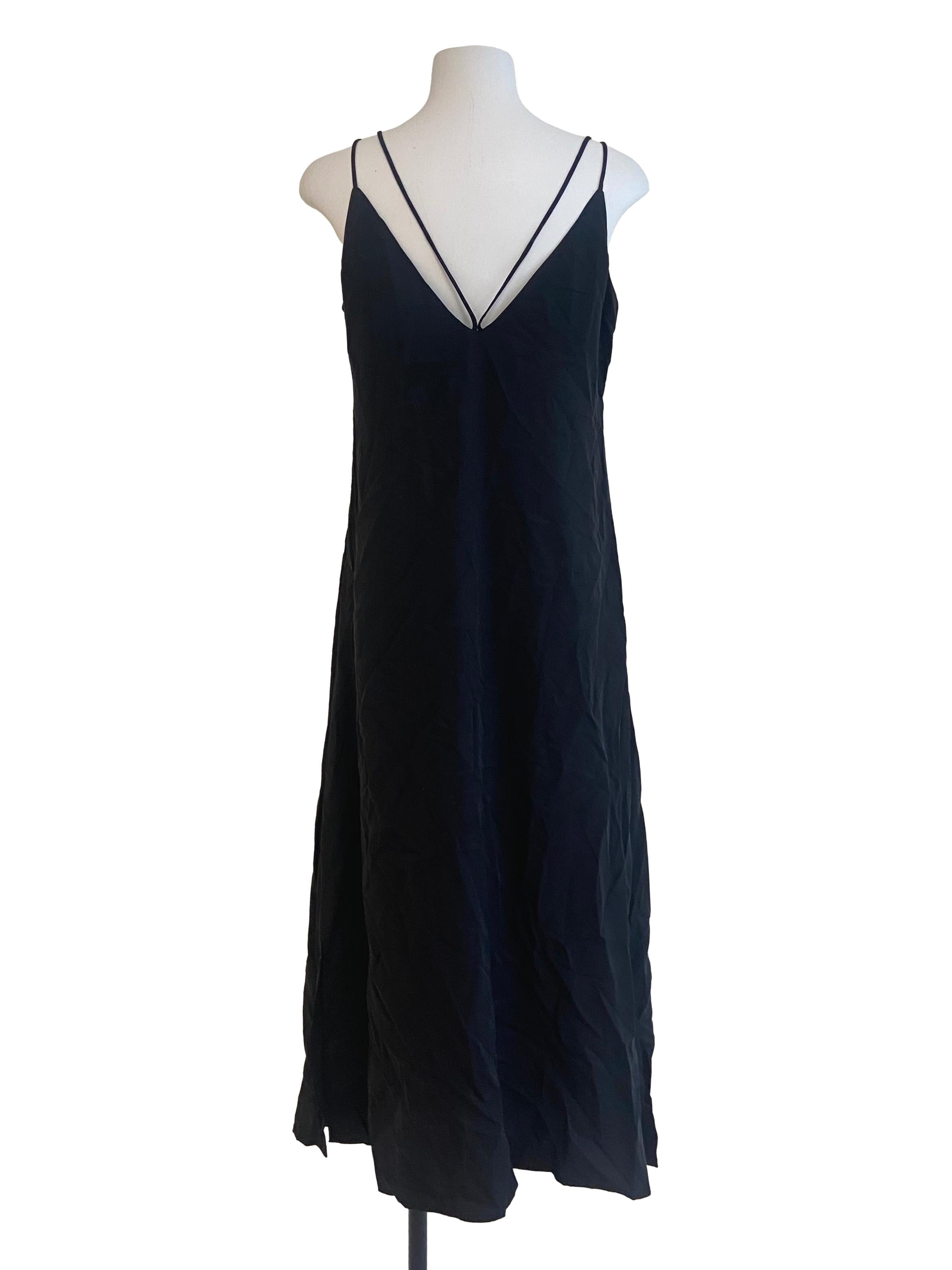 Black Spaghetti Strap Twill Slit Dress