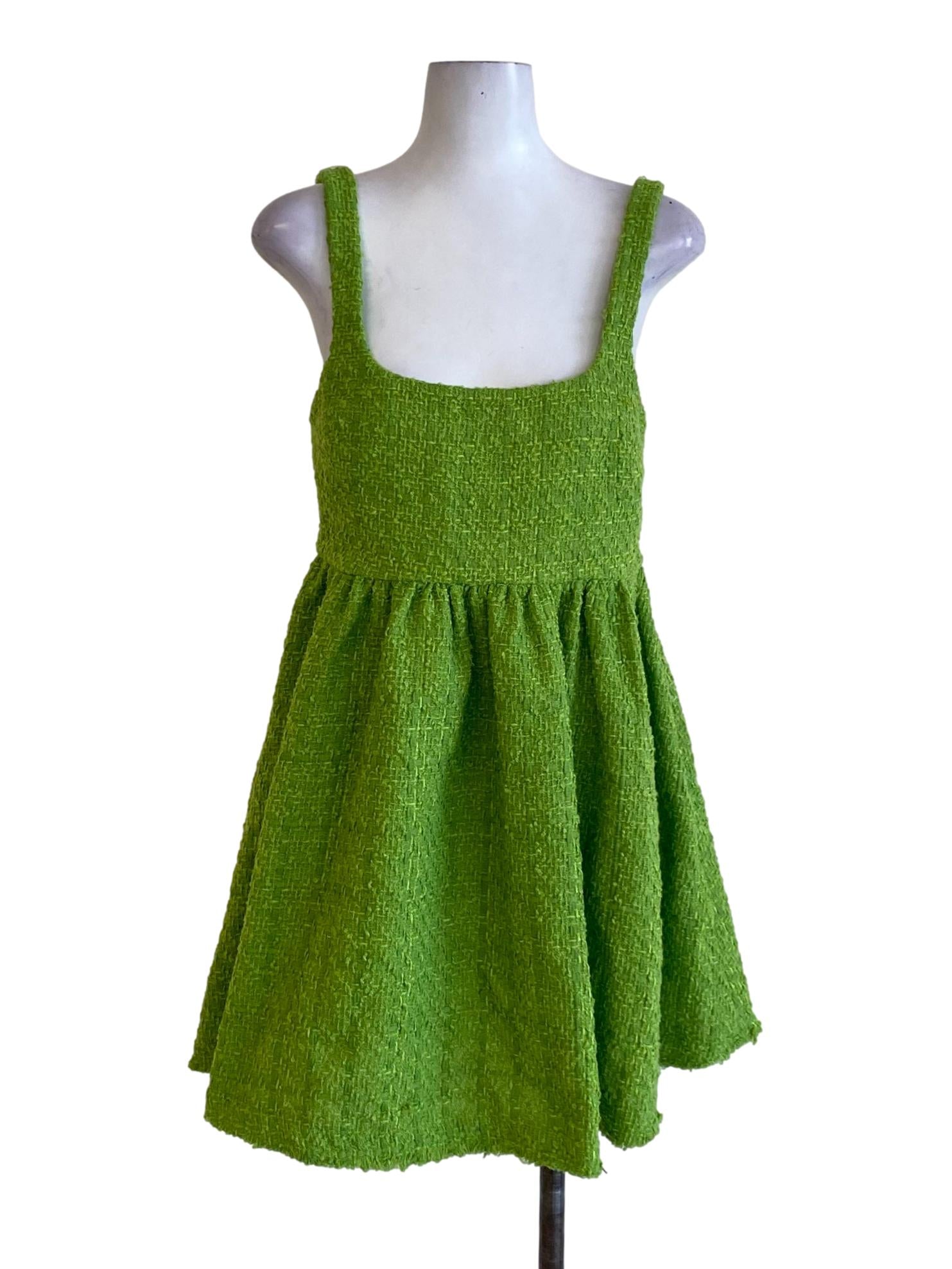 Lime Green Square Neck Tweed A-Line Dress
