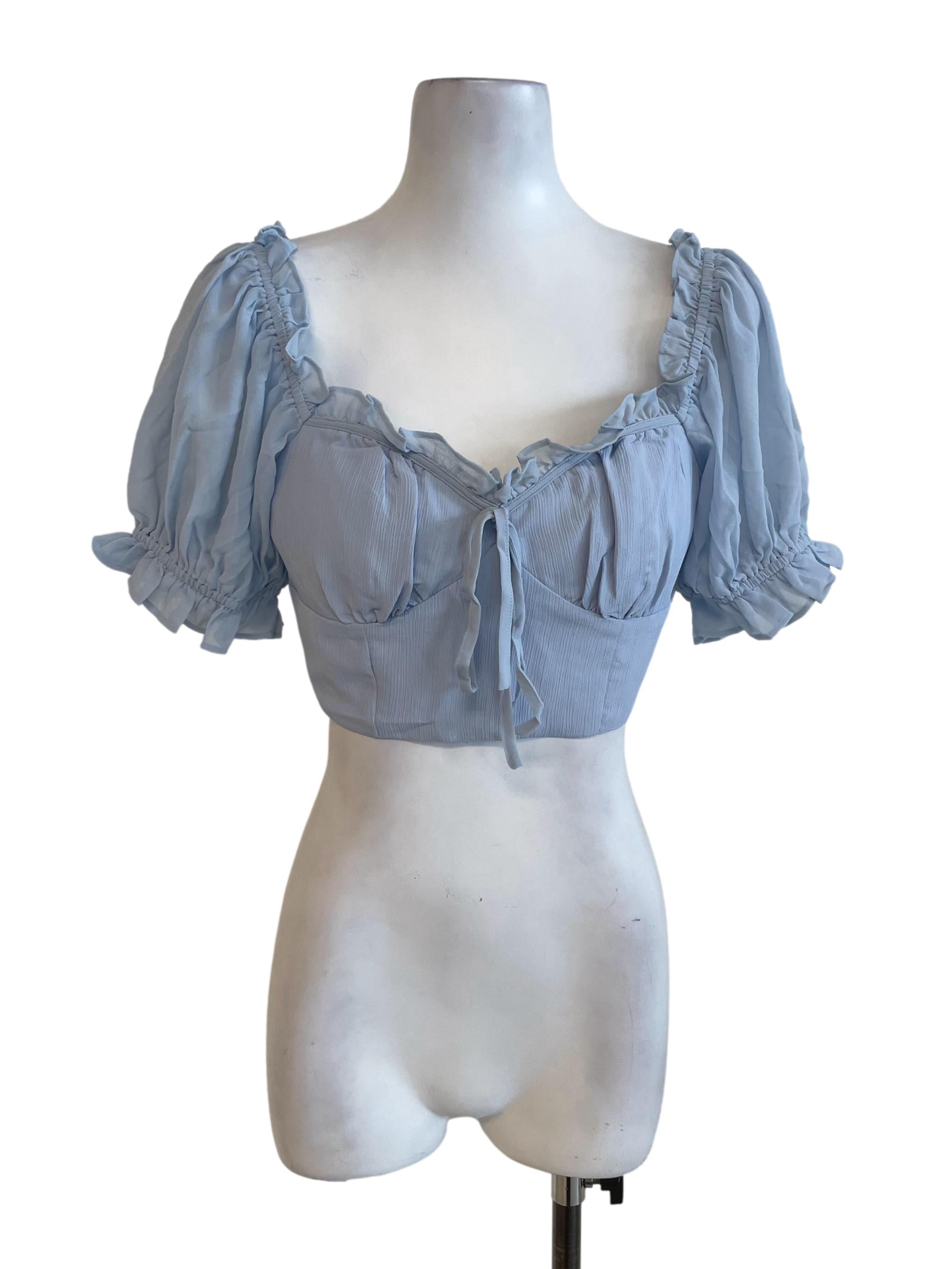 Light Blue Ruffled Sleeves Crop Top