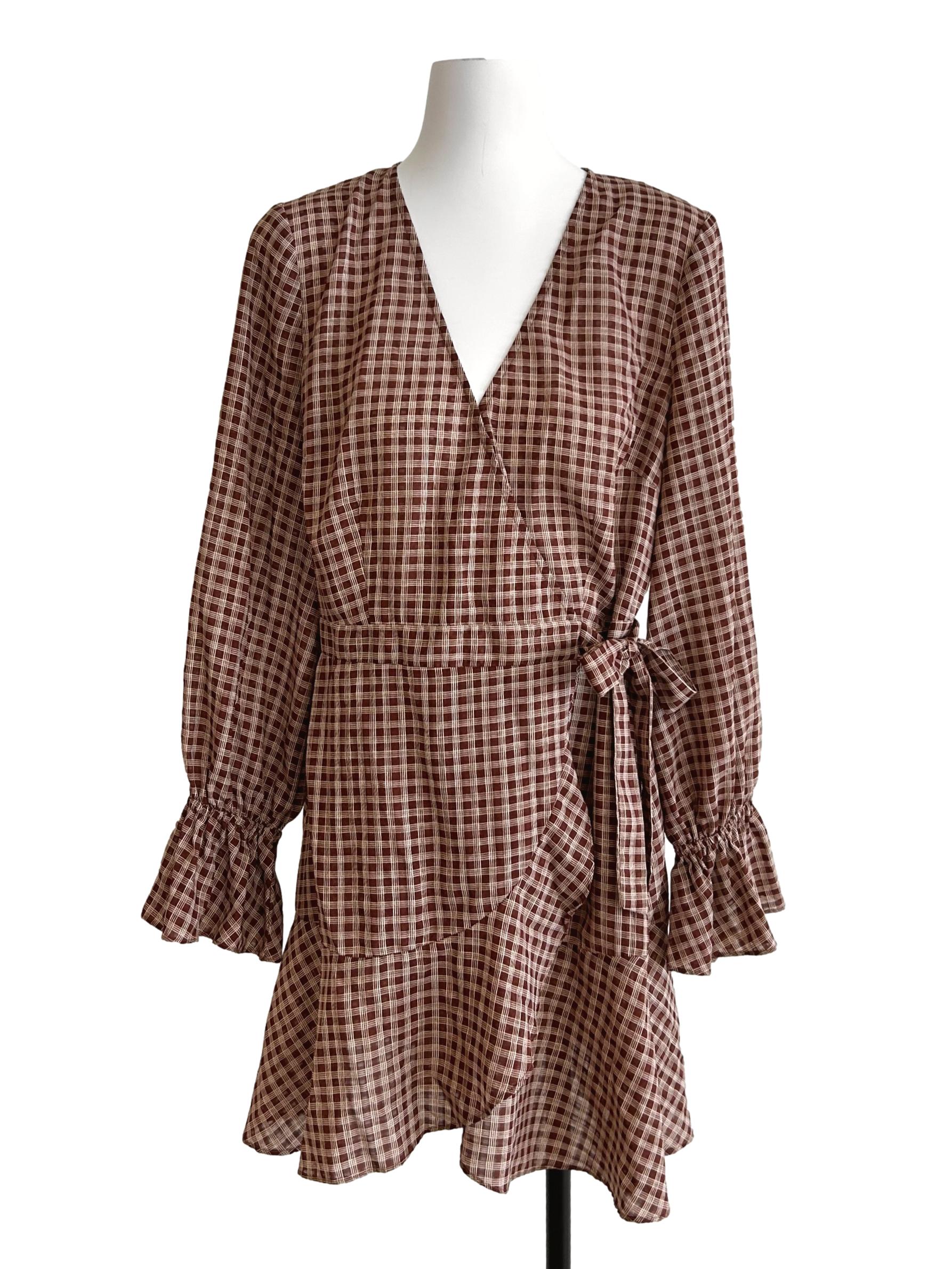 The Fifth Label Cinnamon Brown Gingham Wrap Dress