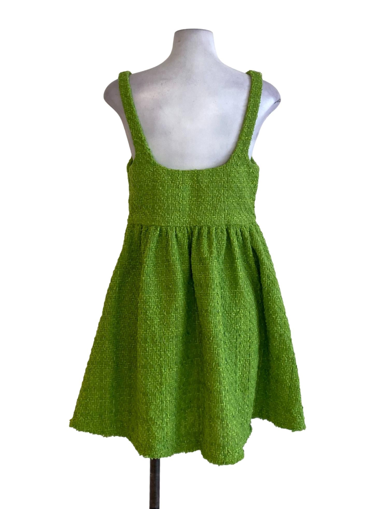 Lime Green Square Neck Tweed A-Line Dress