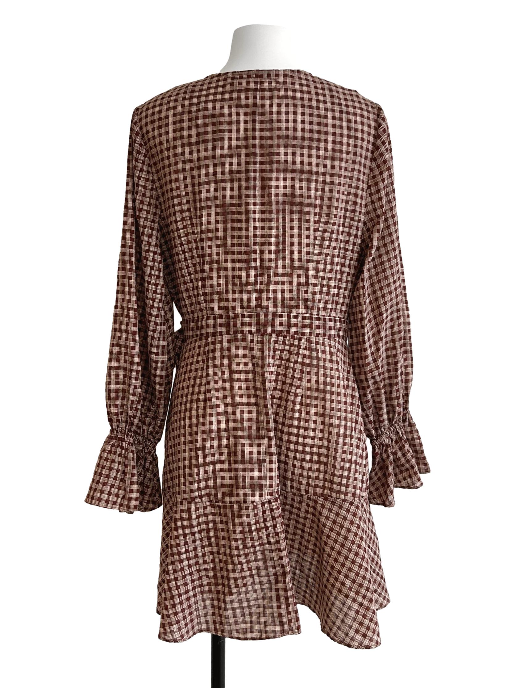 Cinnamon Brown Gingham Wrap Dress