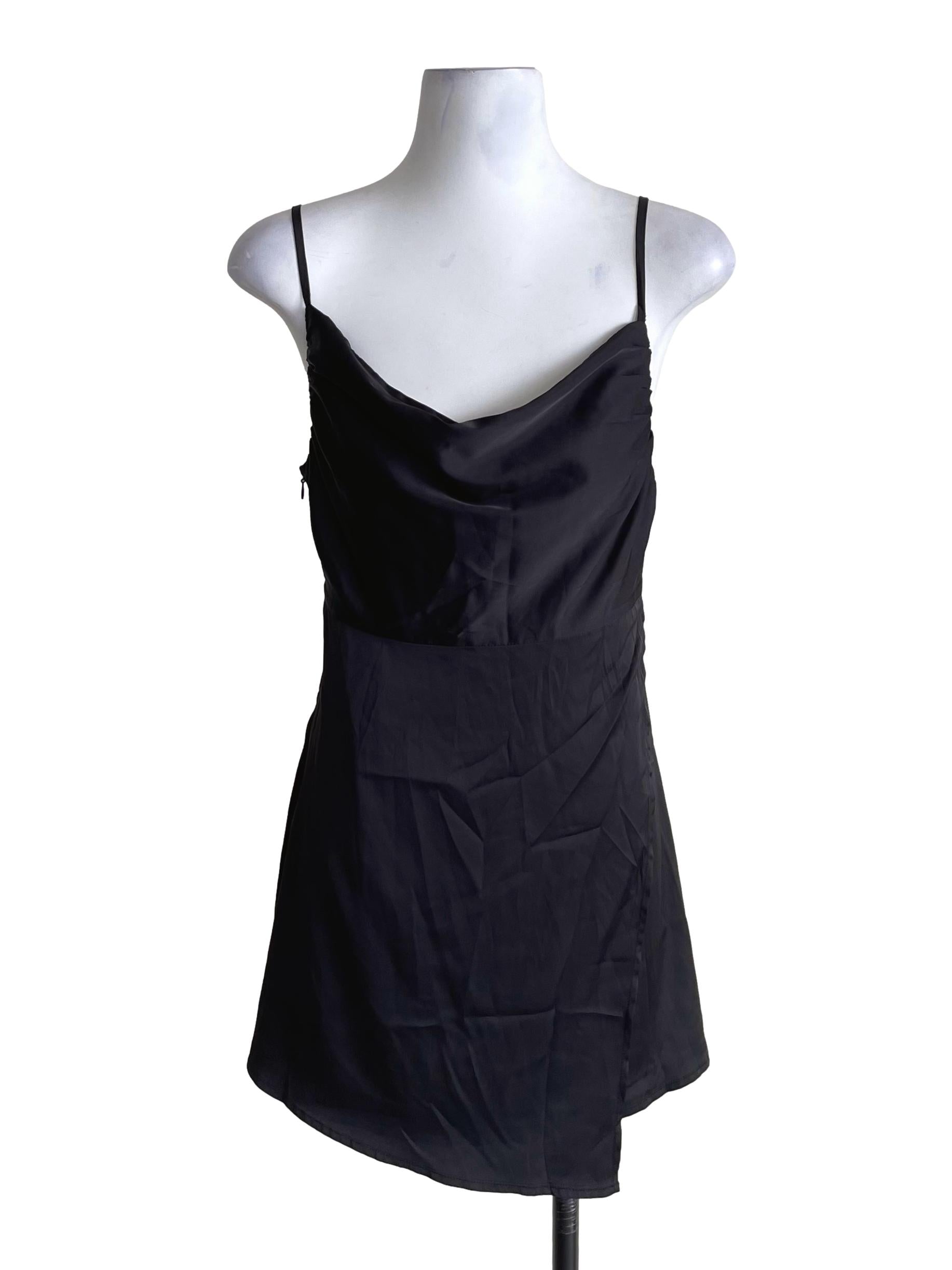 Black Satin Draped Cami Dress YHF