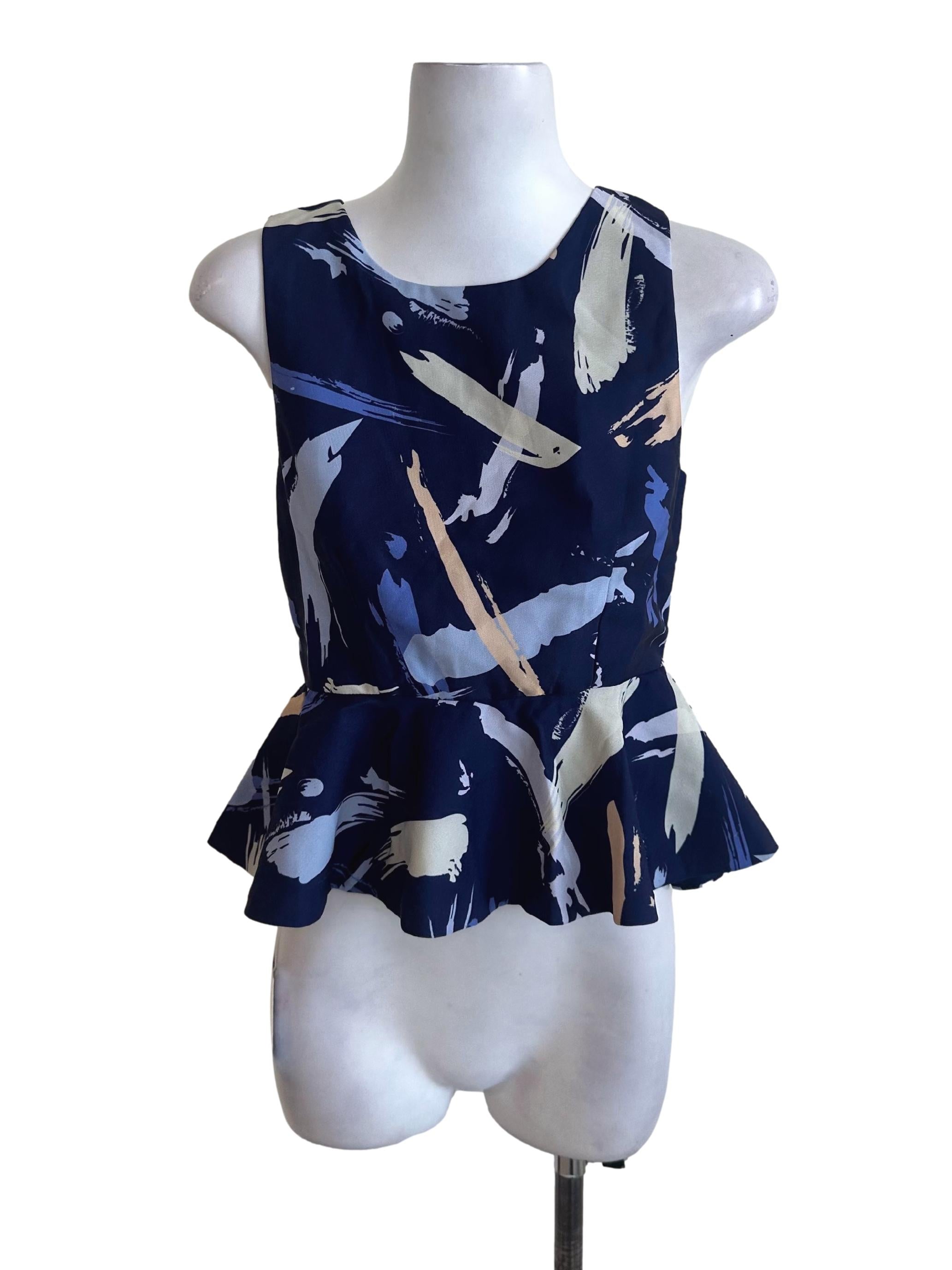 Navy Blue Abstract Pattern Peplum Top