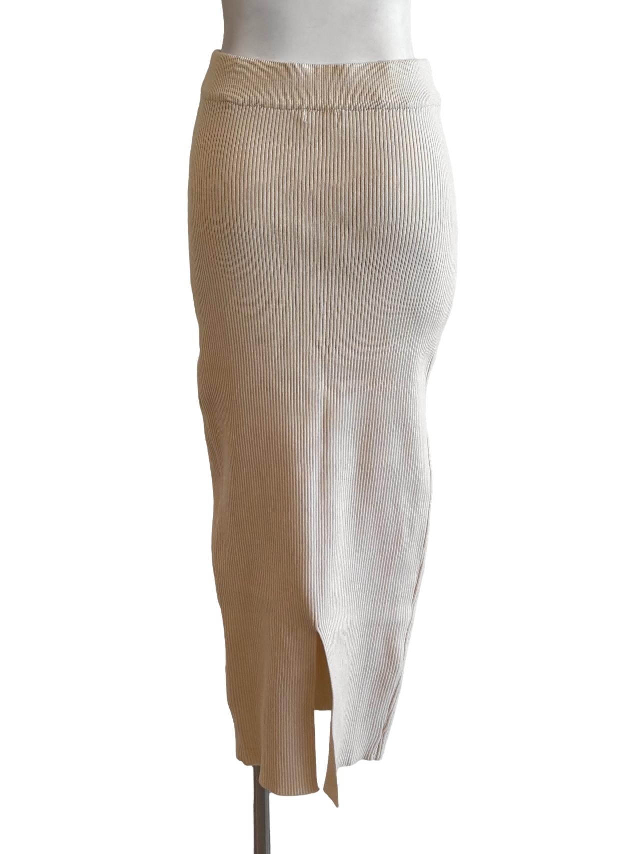 Beige Ribbed Pencil Skirt