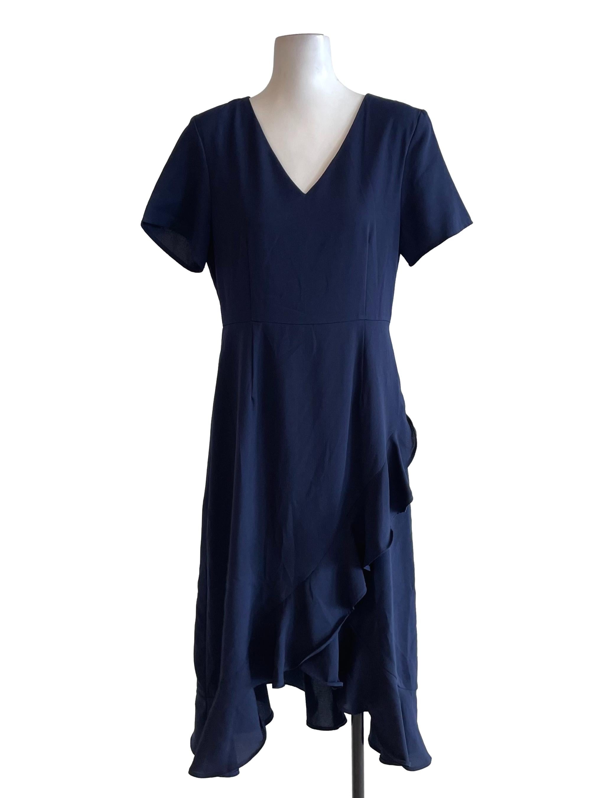 Navy Ruffled Short Sleeves Dress