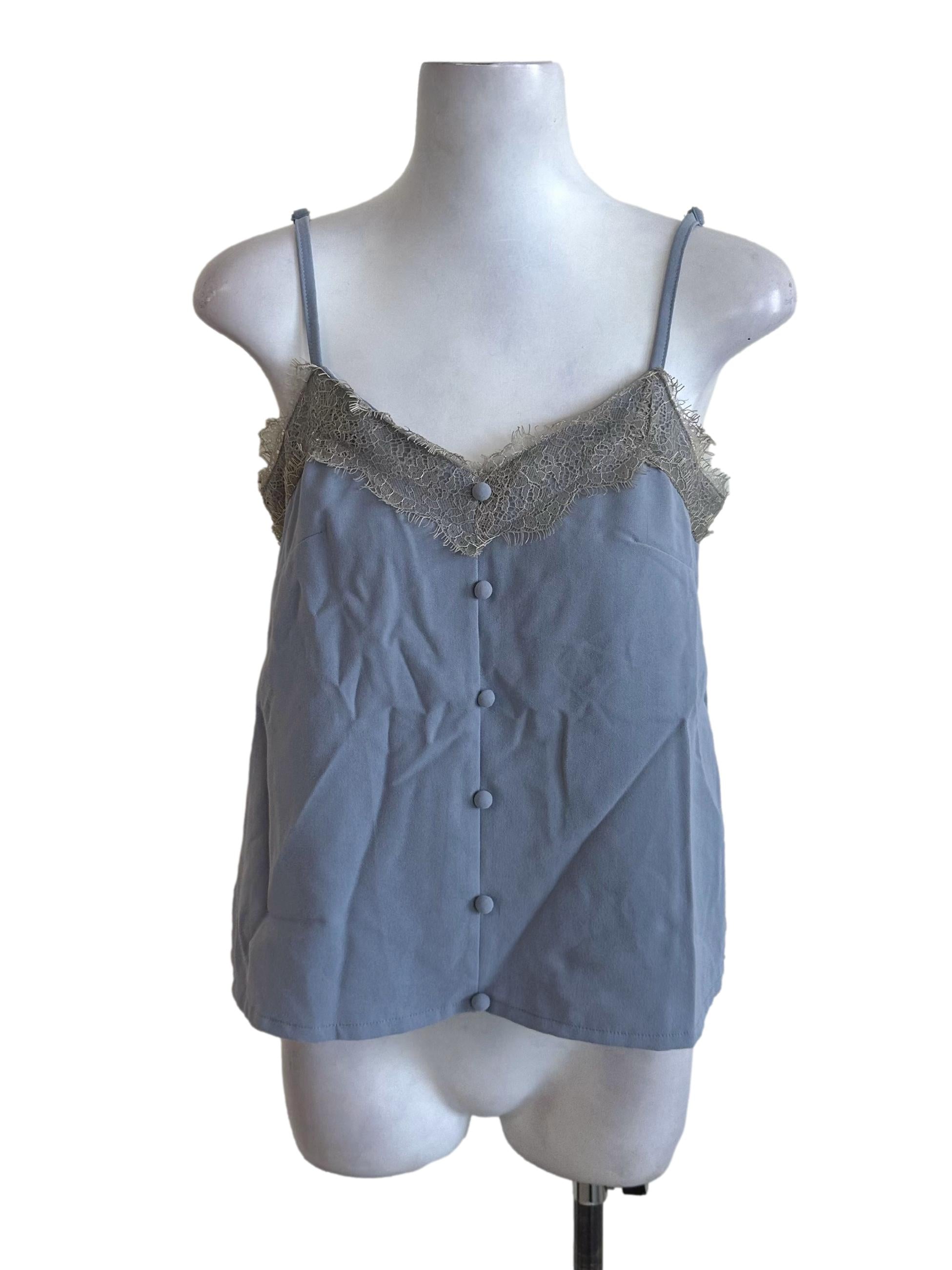 Dusty Blue Lace Border Button Top