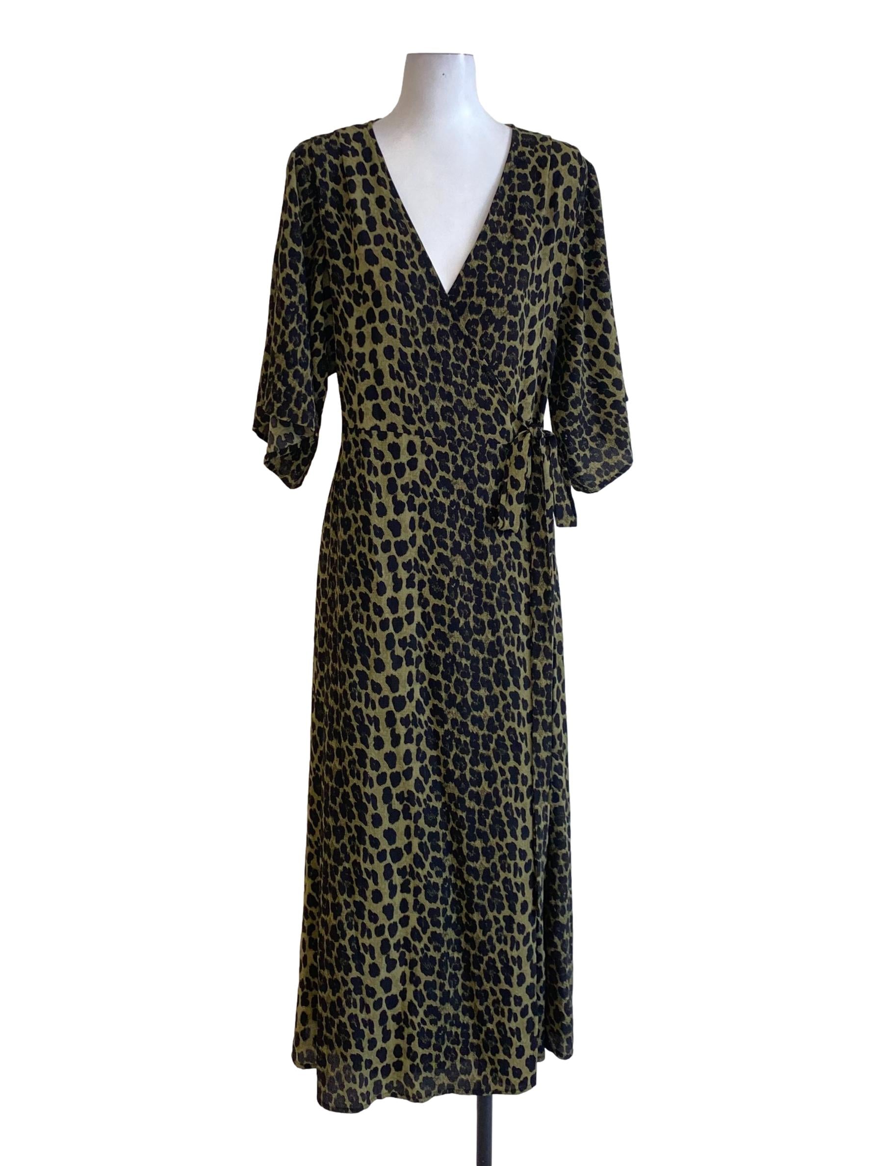 Crocodile Green Leopard Print V-Neck Slip Wrap Dress
