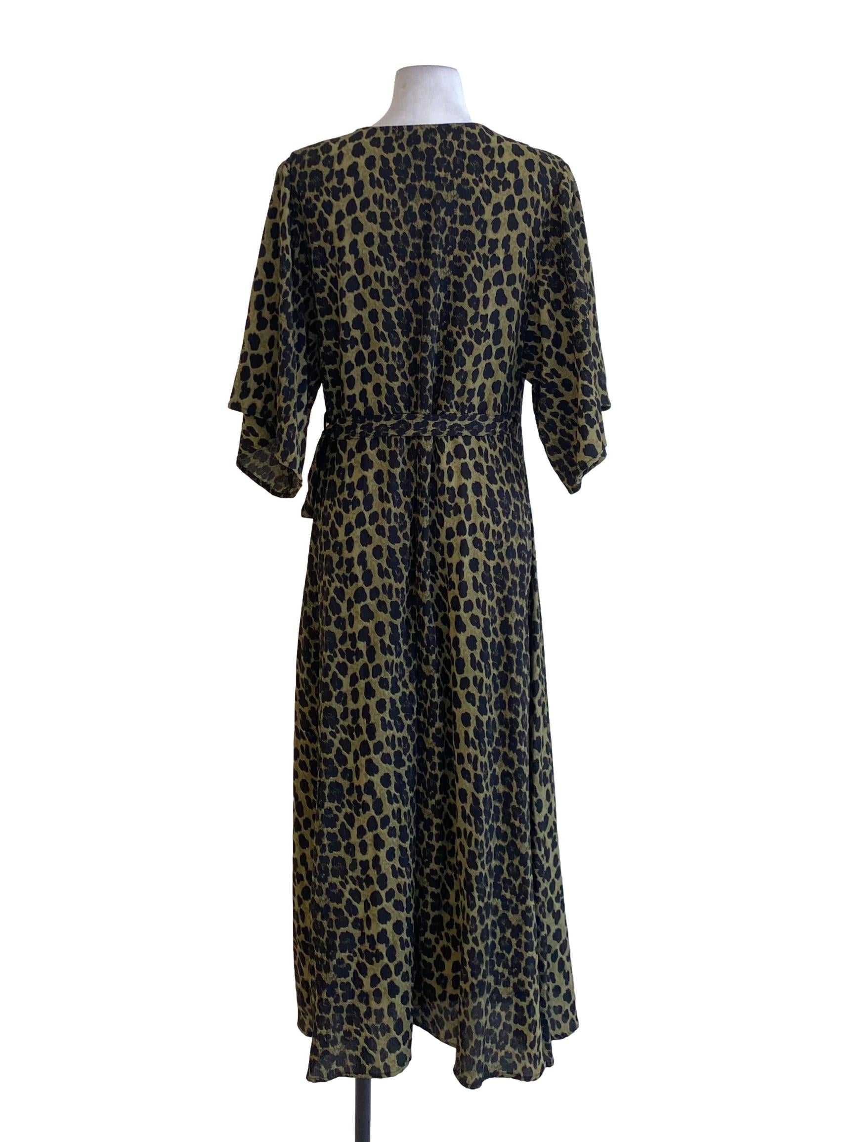 Crocodile Green Leopard Print V-Neck Slip Wrap Dress