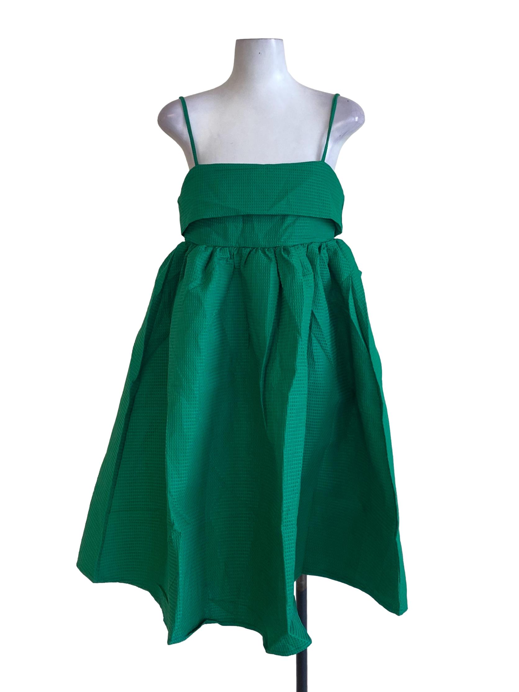 Fern Green Textured Spaghetti Strap Bouffant A-Line Dress