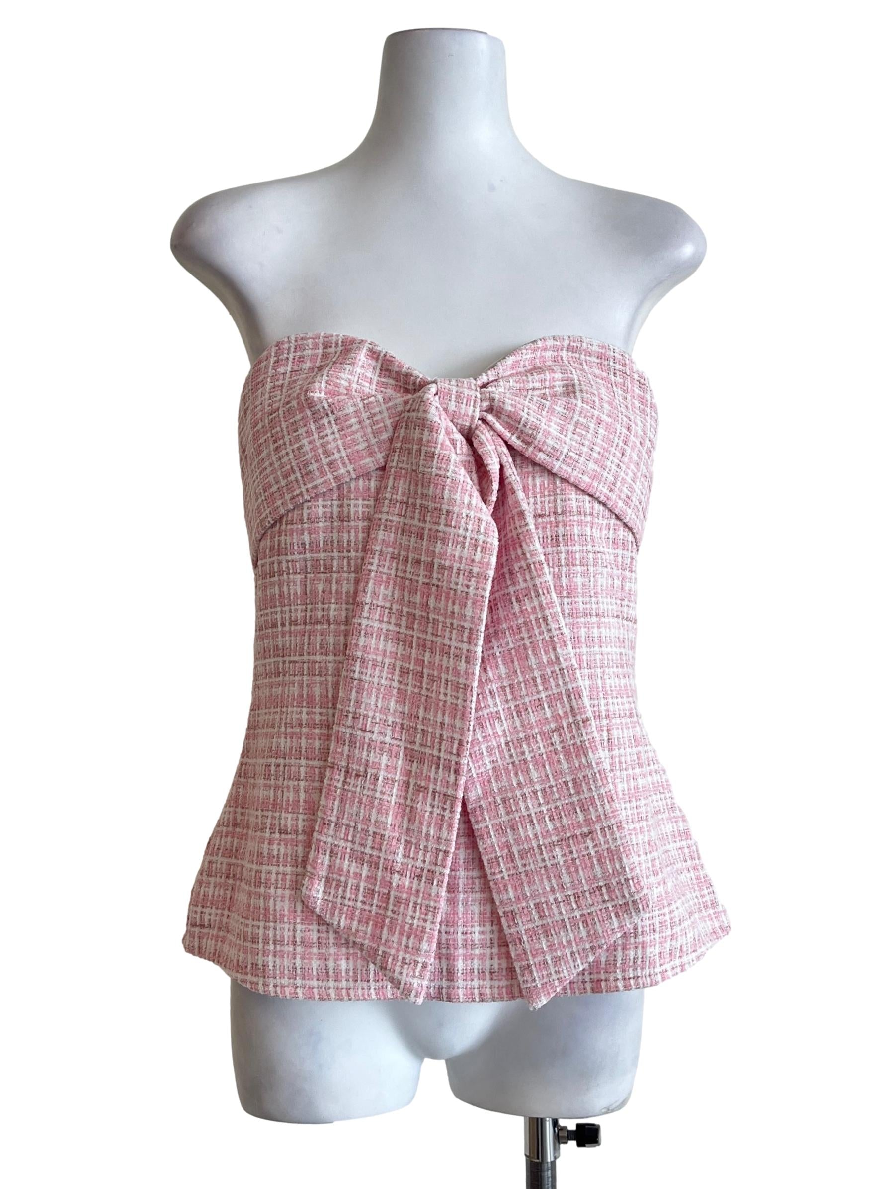 Watermelon Pink Bow Tweed Strapless Top
