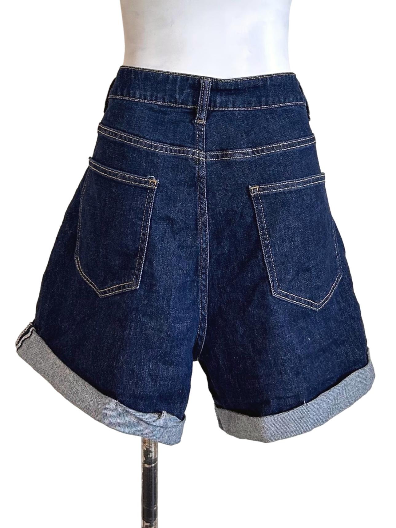 Dark Blue Denim Cuffed High Shorts TWL