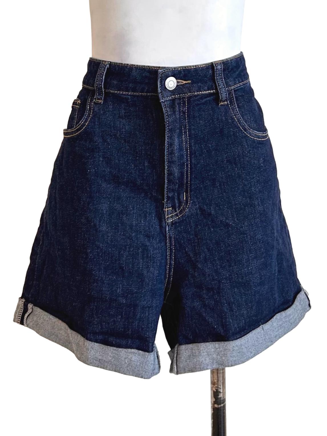 Dark Blue Denim Cuffed High Shorts TWL