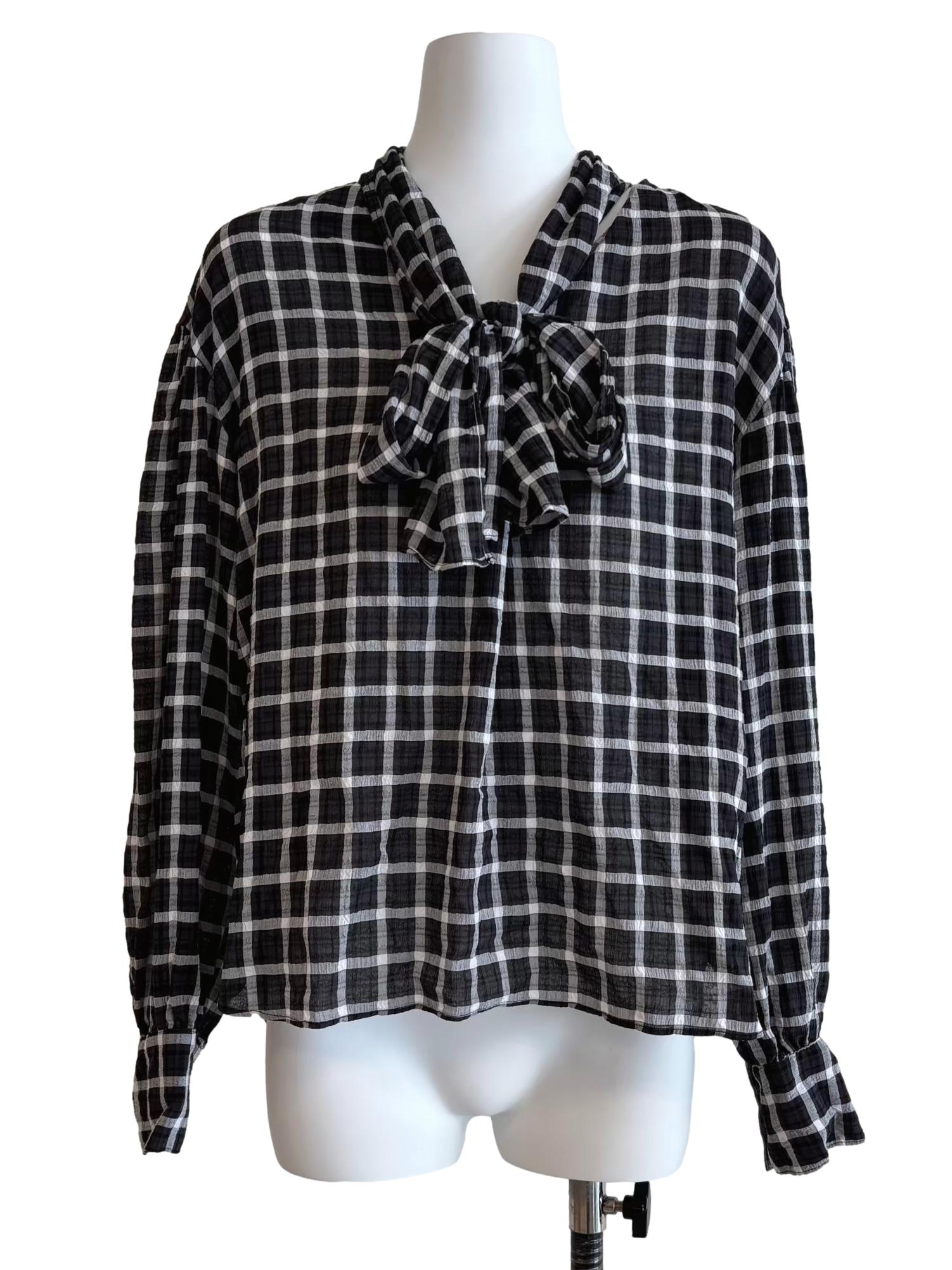 Jet Black Checkered Ribbon Blouse CSN