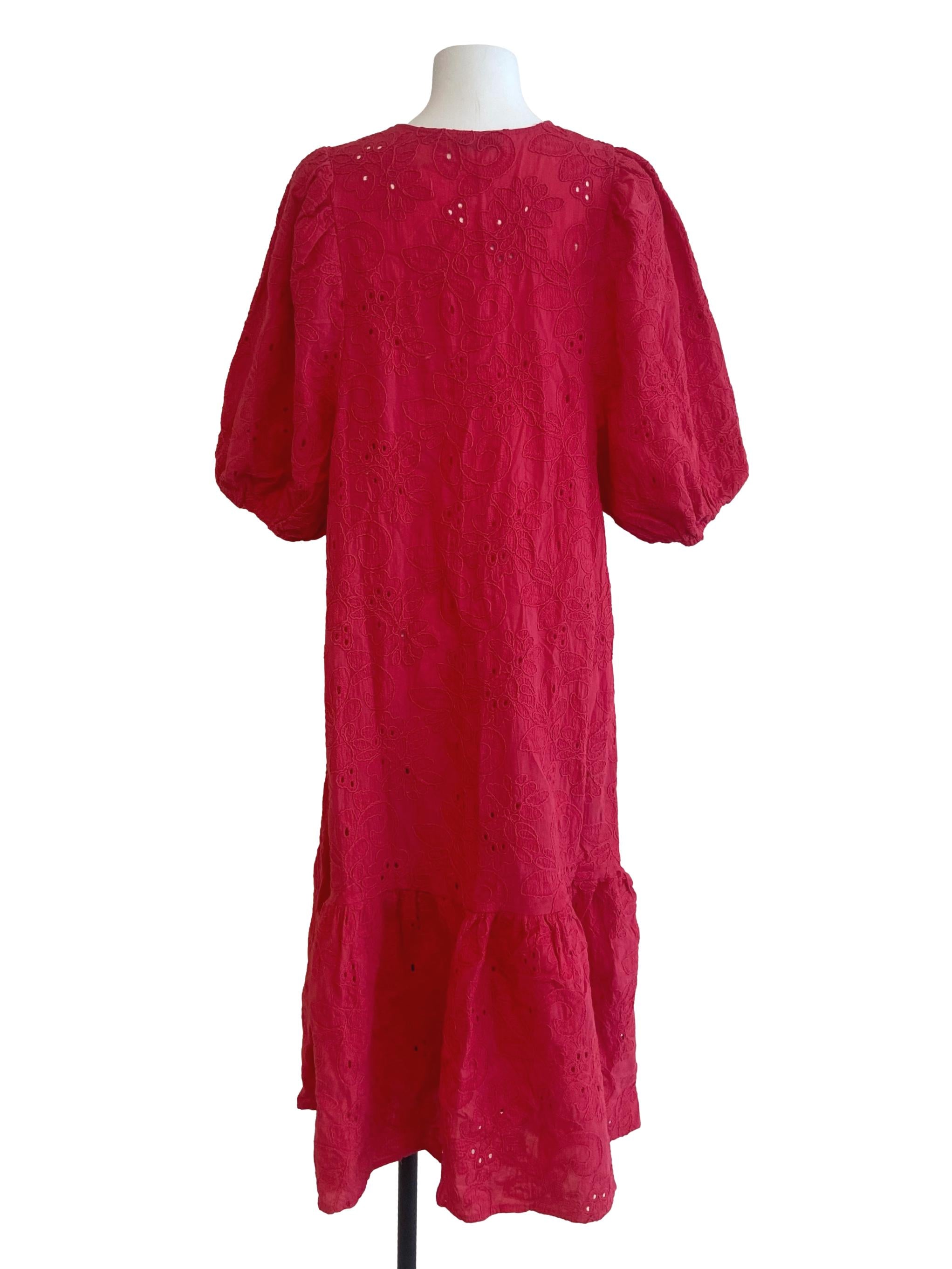Strawberry Pink Floral Embroidery Drop Waist Dress