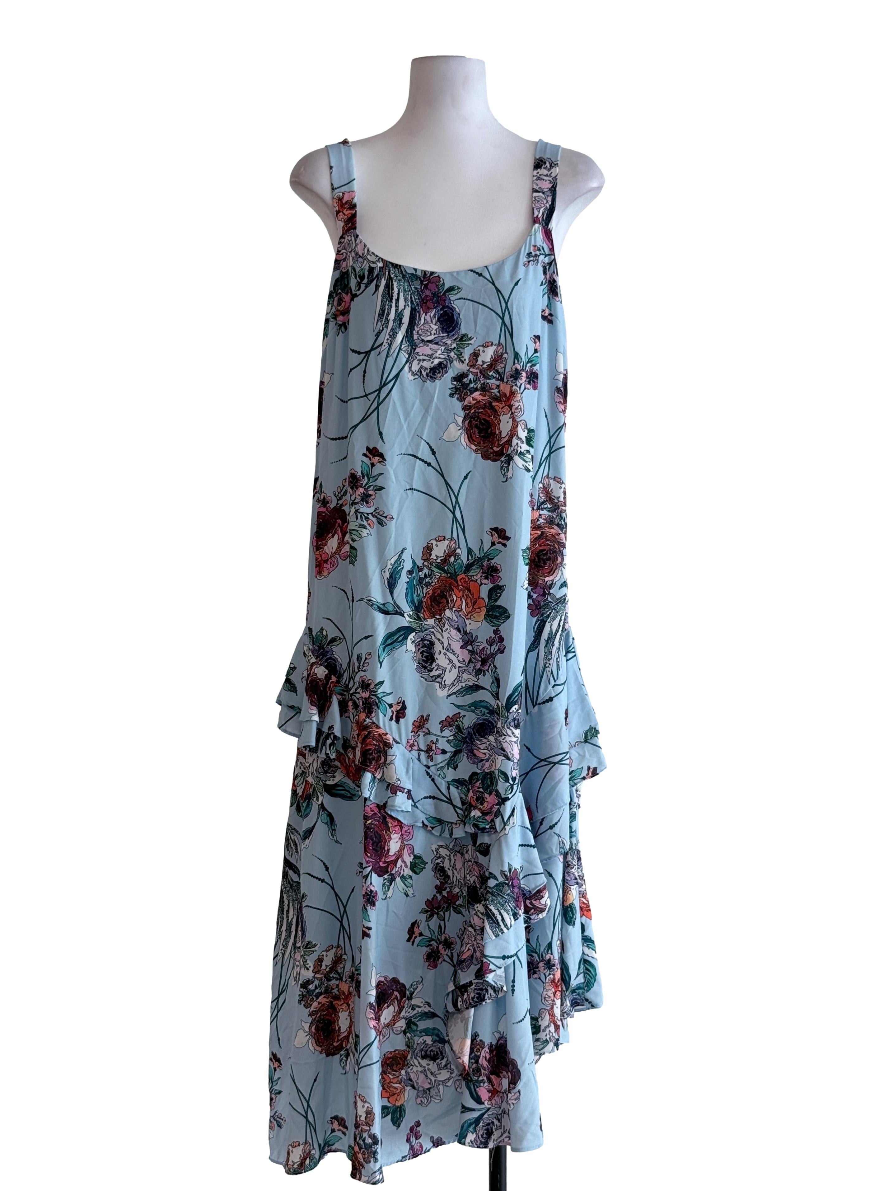 Blue Printed Floral Asymmetrical Maxi Dress