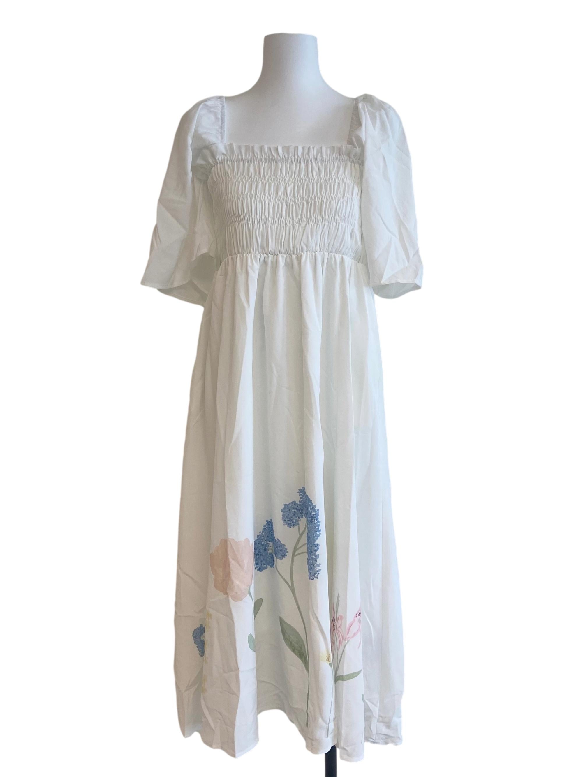 White Square Neck Floral Dress