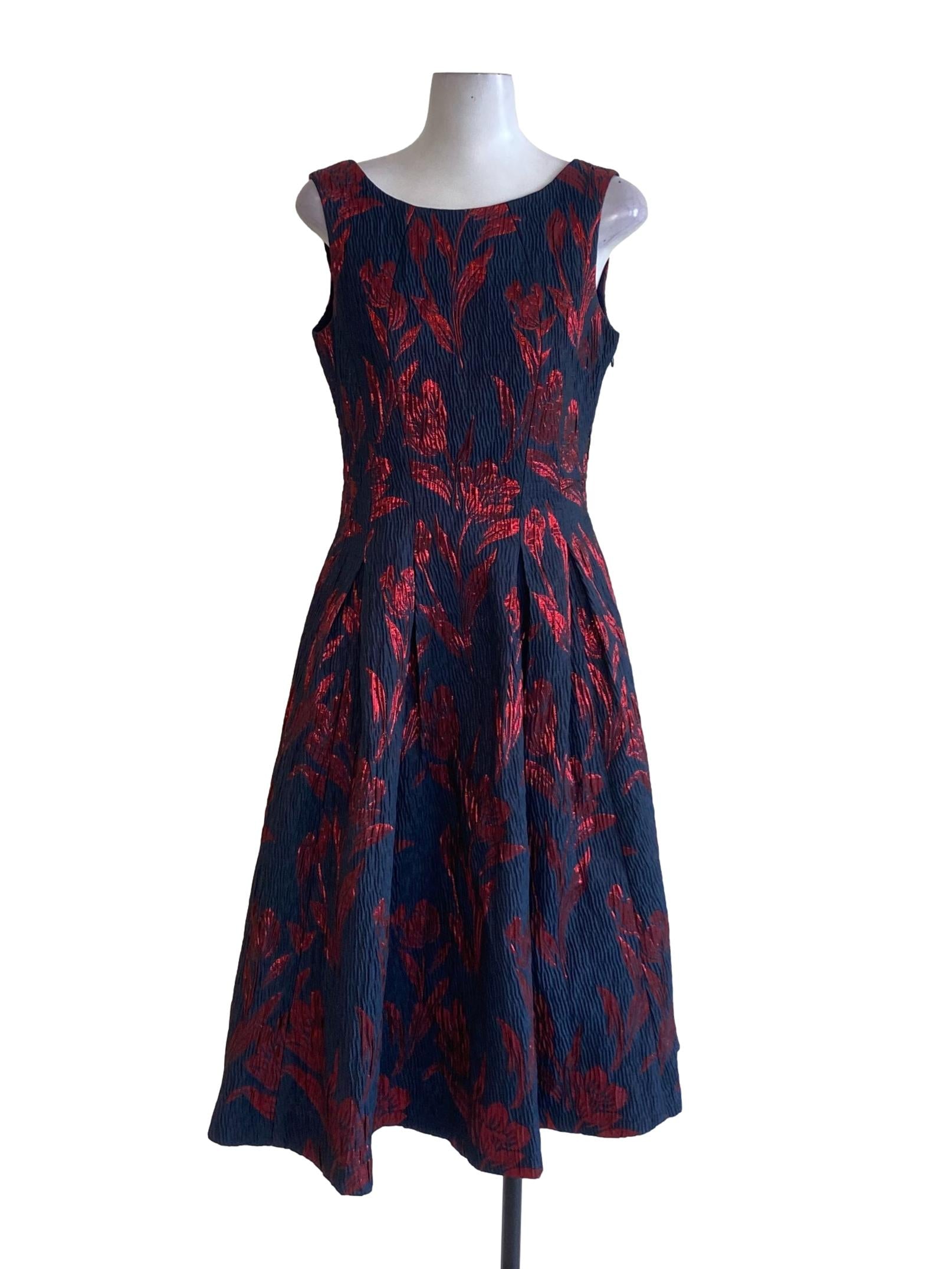 Navy Blue Floral Sharkskin Round Neck Sleeveless A-Line Dress