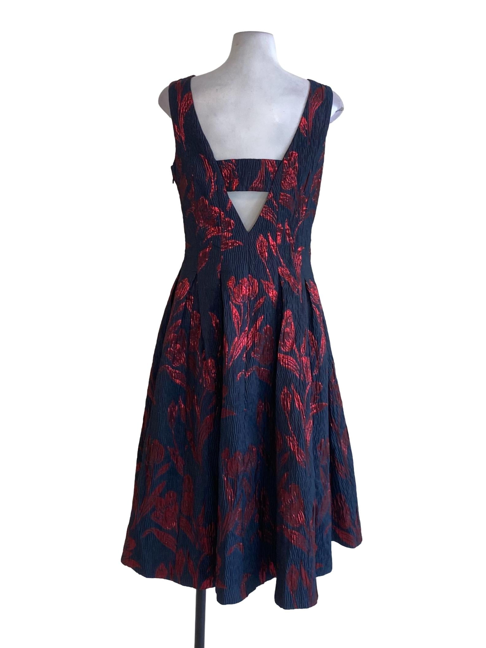 Navy Blue Floral Sharkskin Round Neck Sleeveless A-Line Dress