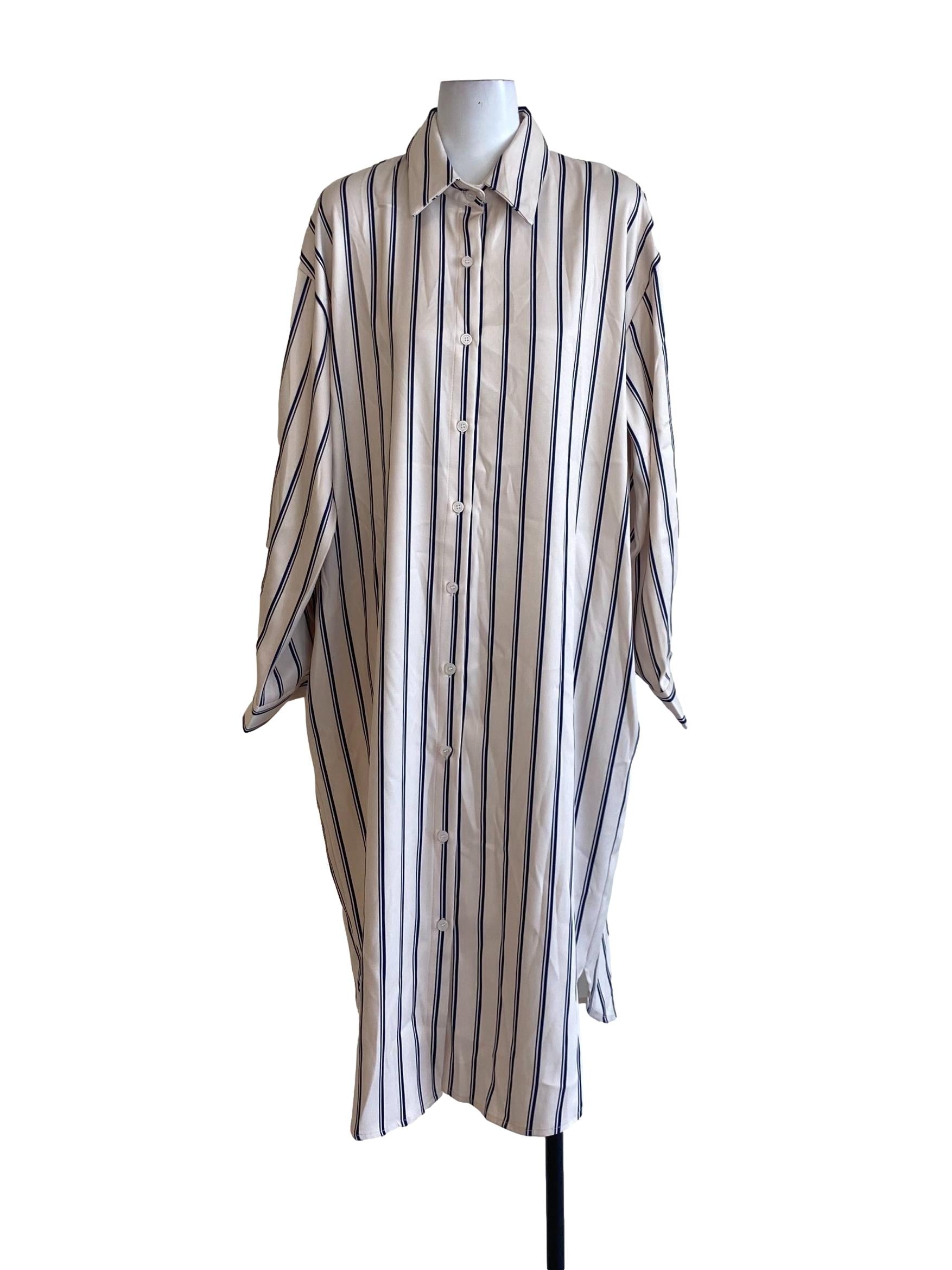 Cotton White Blue Stripes Buttoned Down Shirt Dress