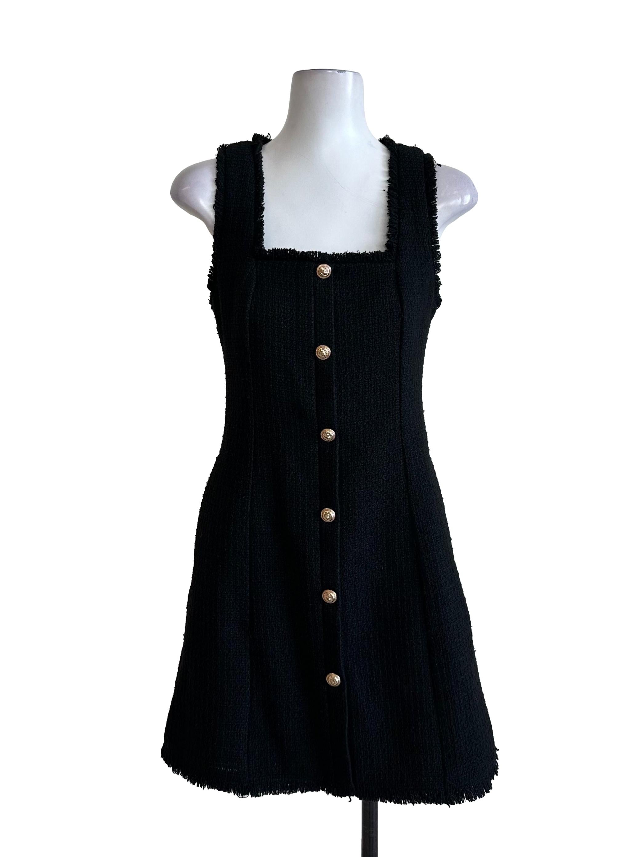 Rich Black Tweed Textured Button Dress