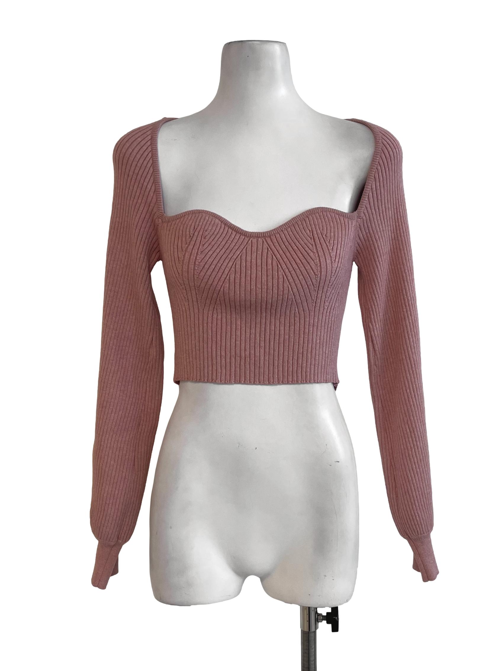 Pink Ribbed Heart Neck Top