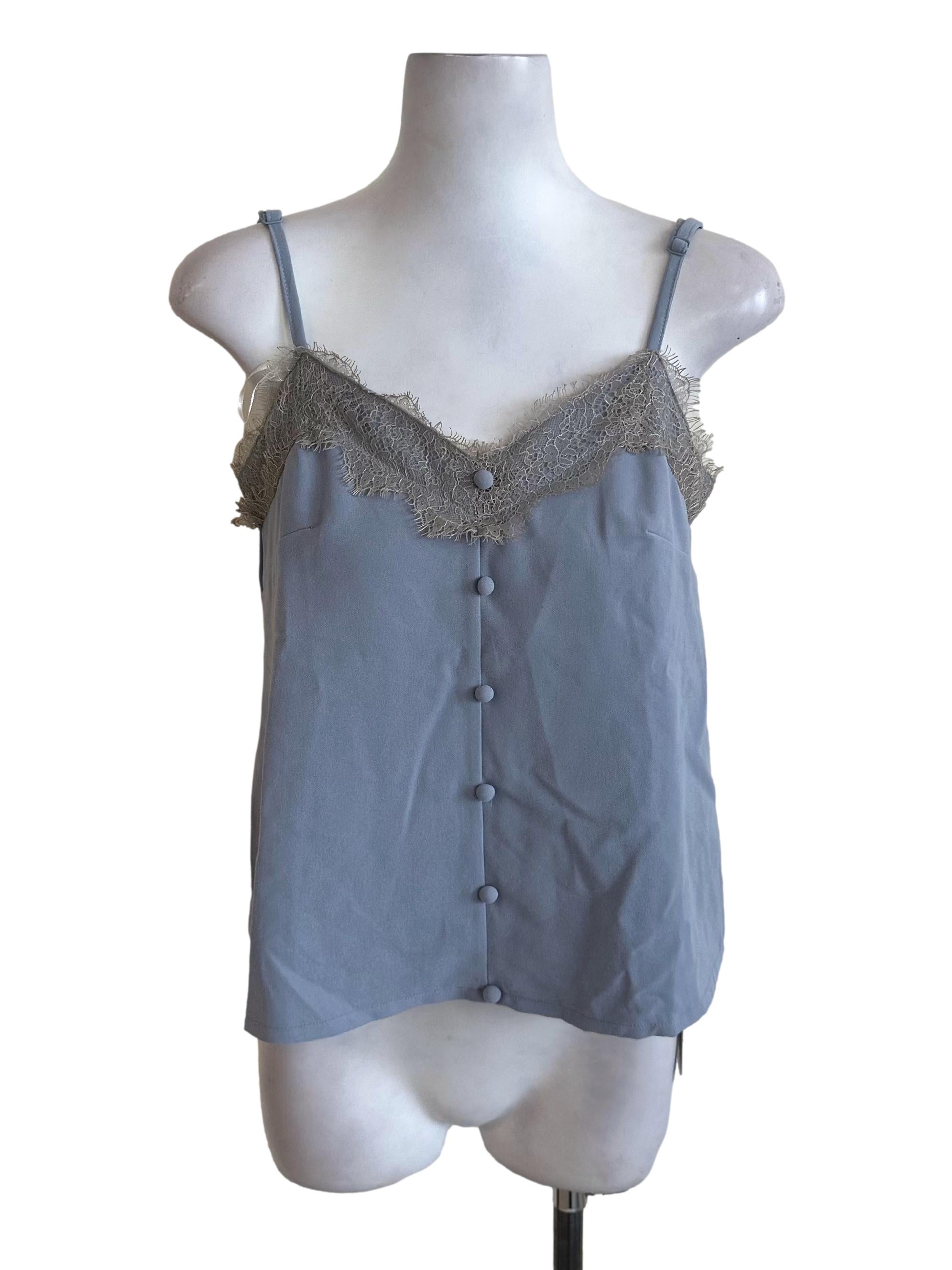 Dusty Blue Lace Border Button Top