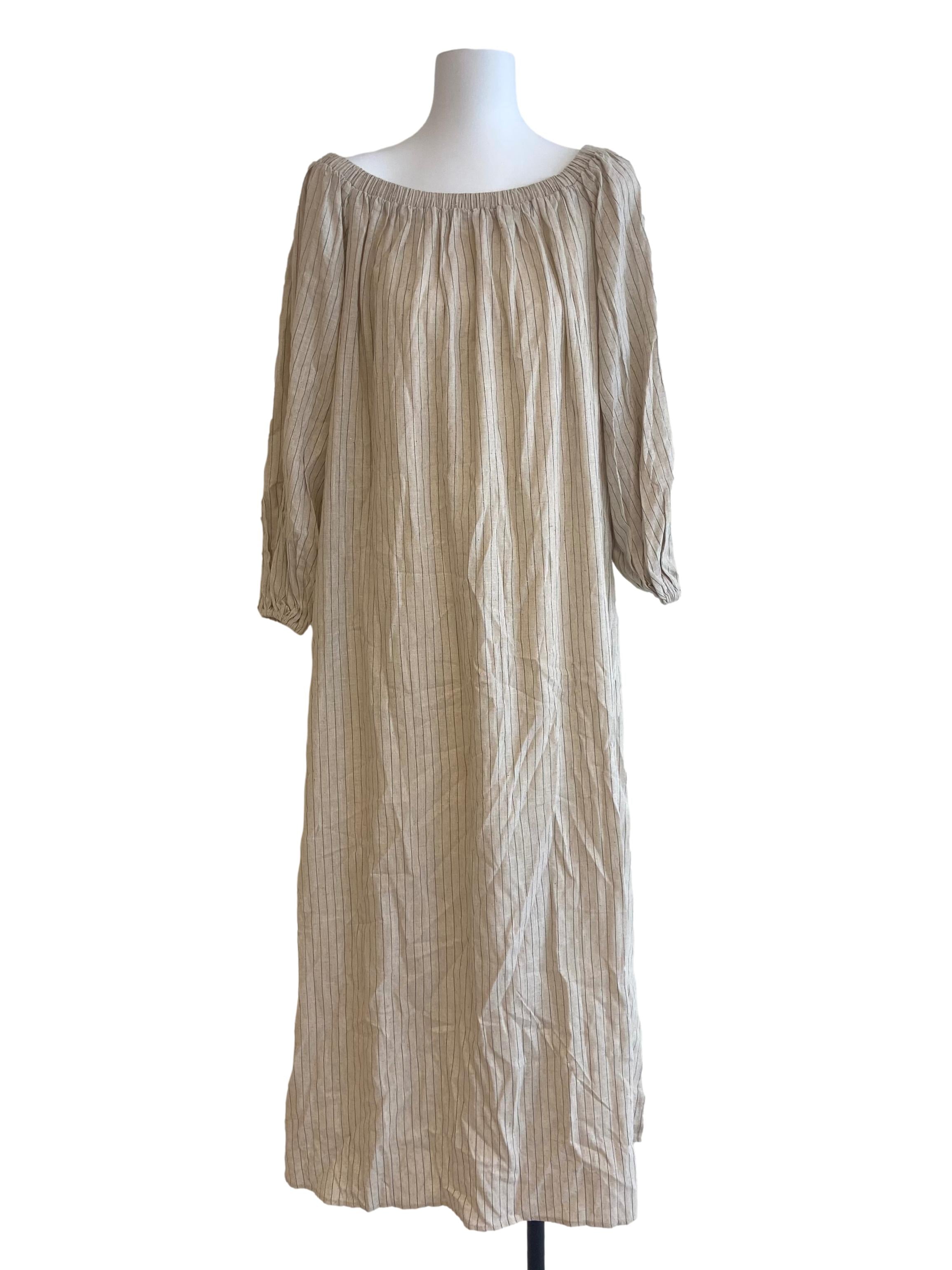 Parchment Beige Jewel Neck Stripe Long Dress