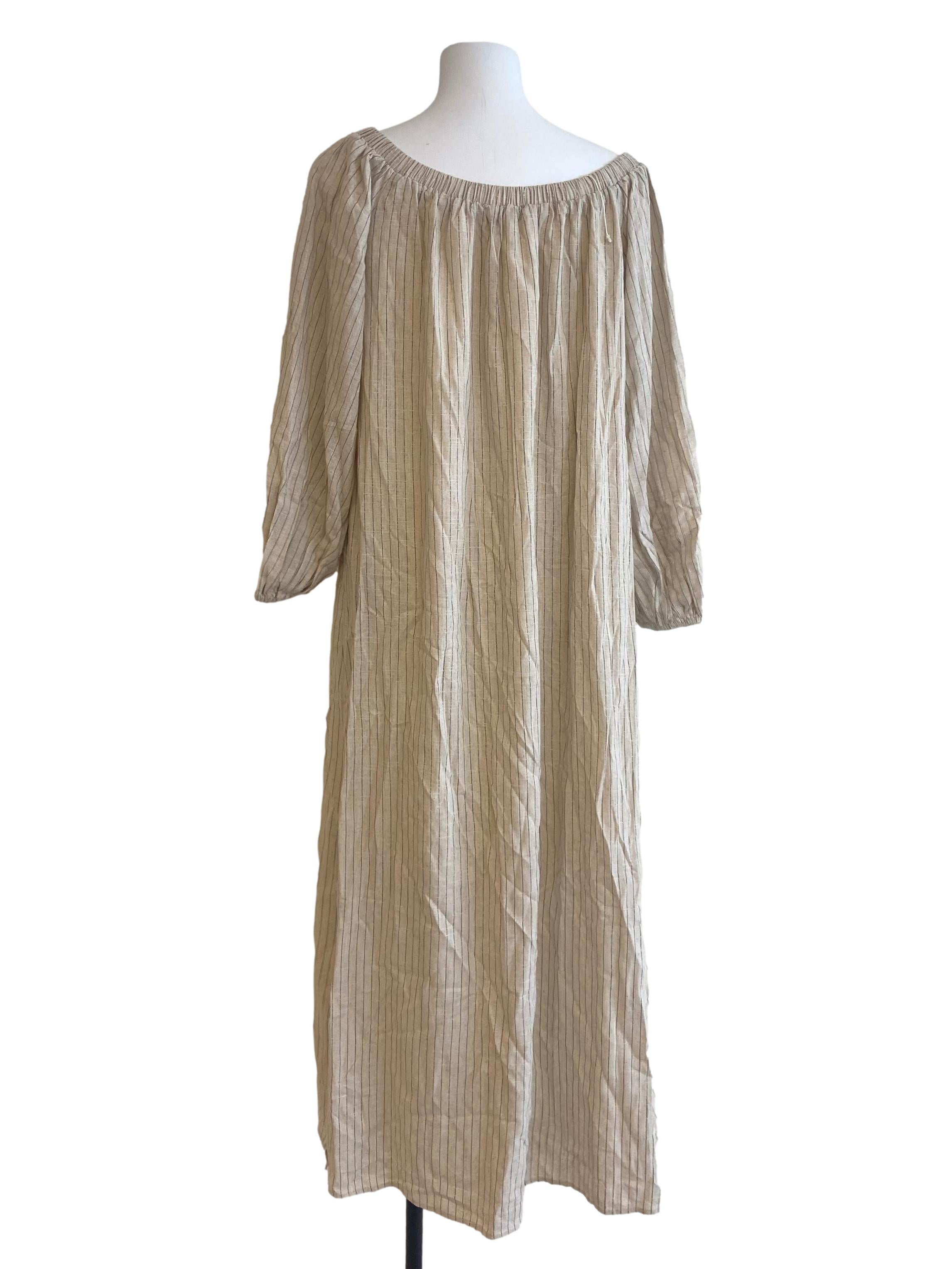 Parchment Beige Jewel Neck Stripe Long Dress