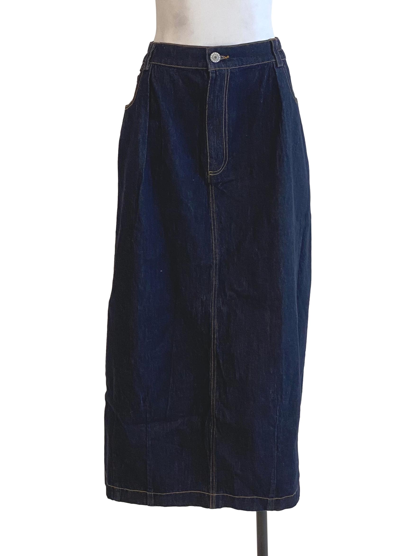 Dark Stone Denim Blue Back Slit Skirt