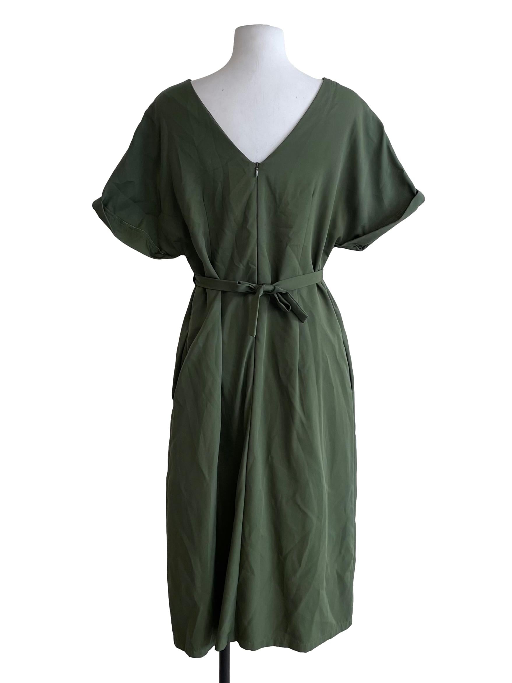 Olive Green V Neck Drop Shoulder Dress