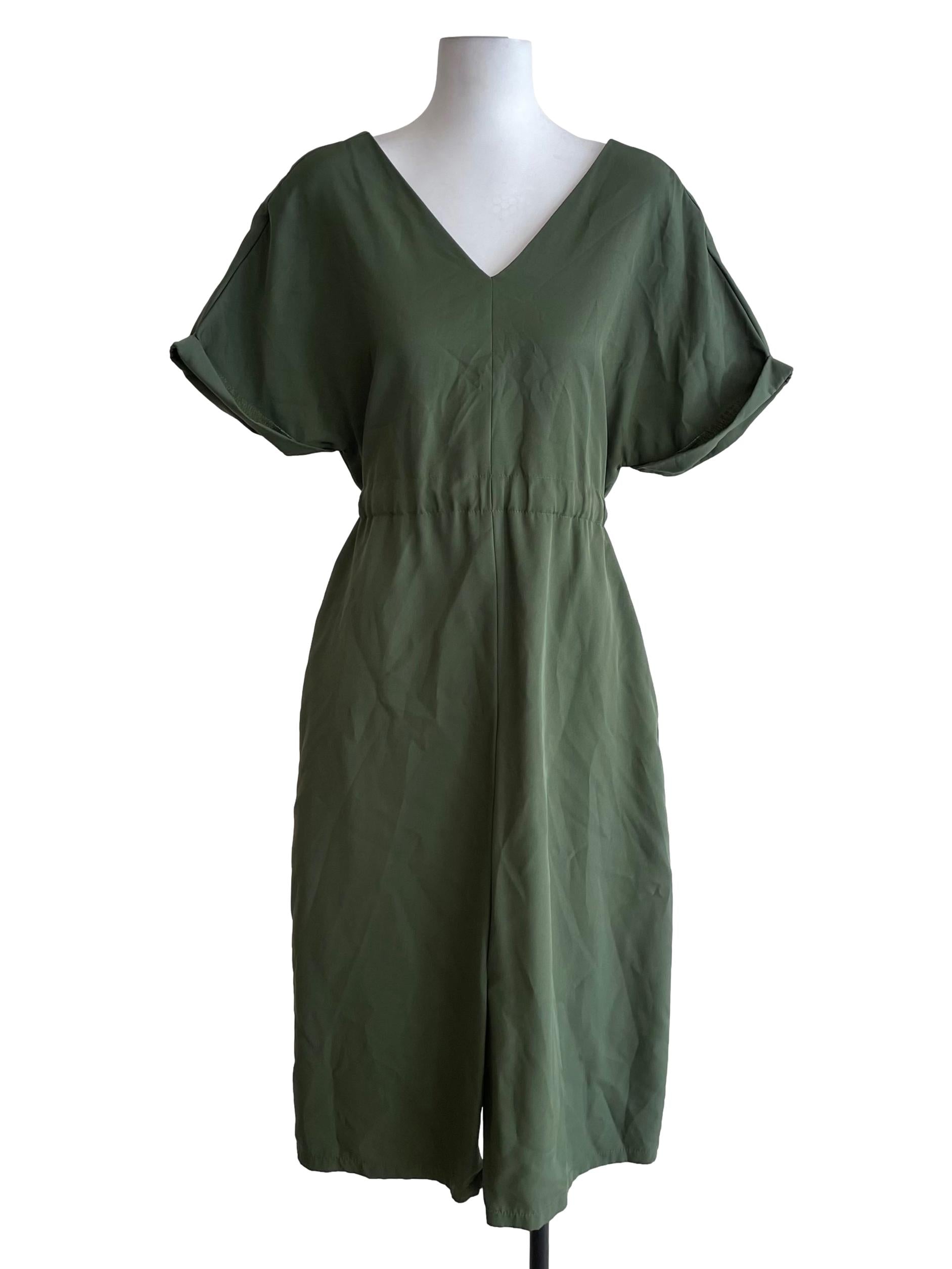Olive Green V Neck Drop Shoulder Dress