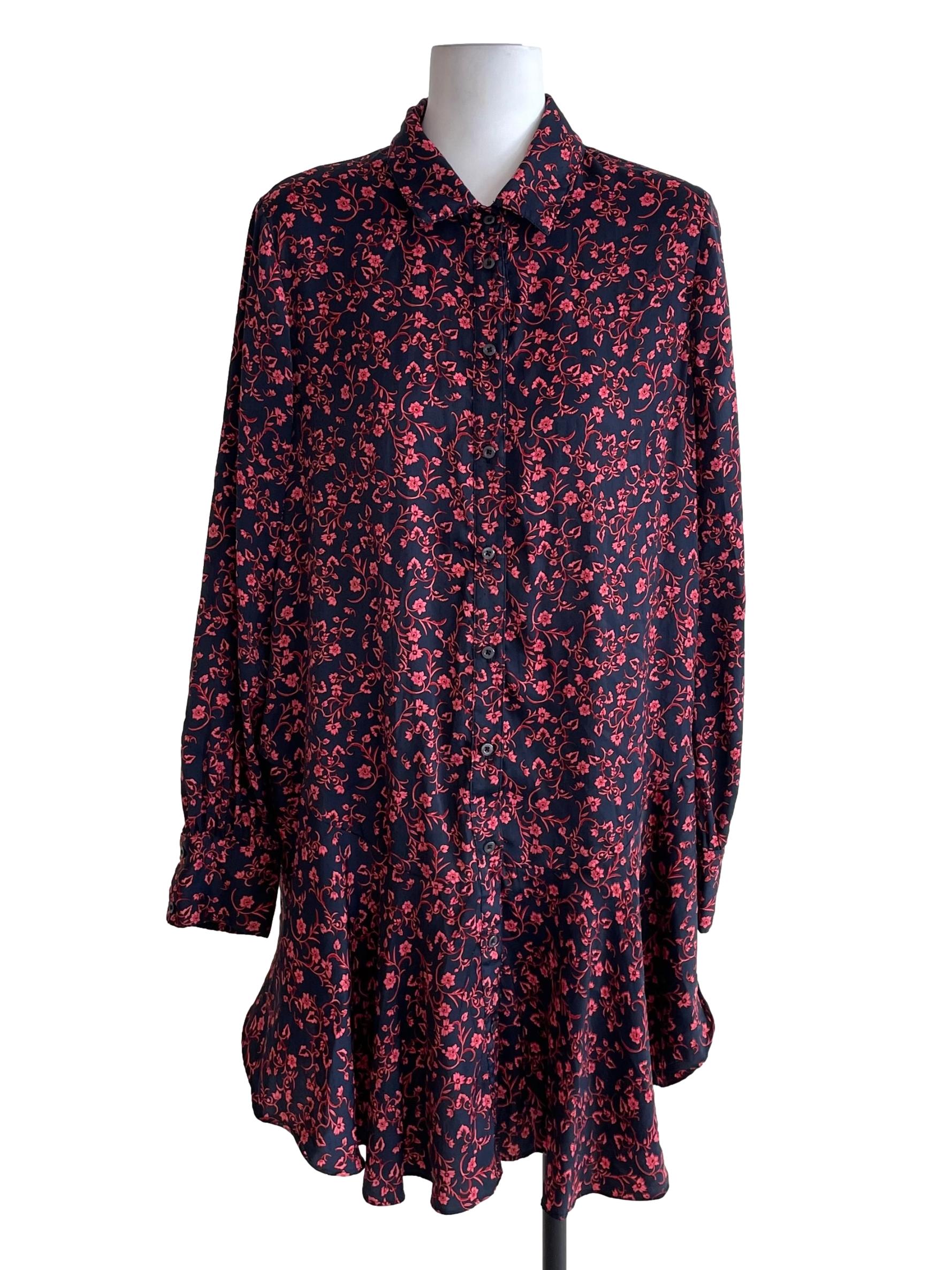 Dark Blue And Red Floral Shirt Dress