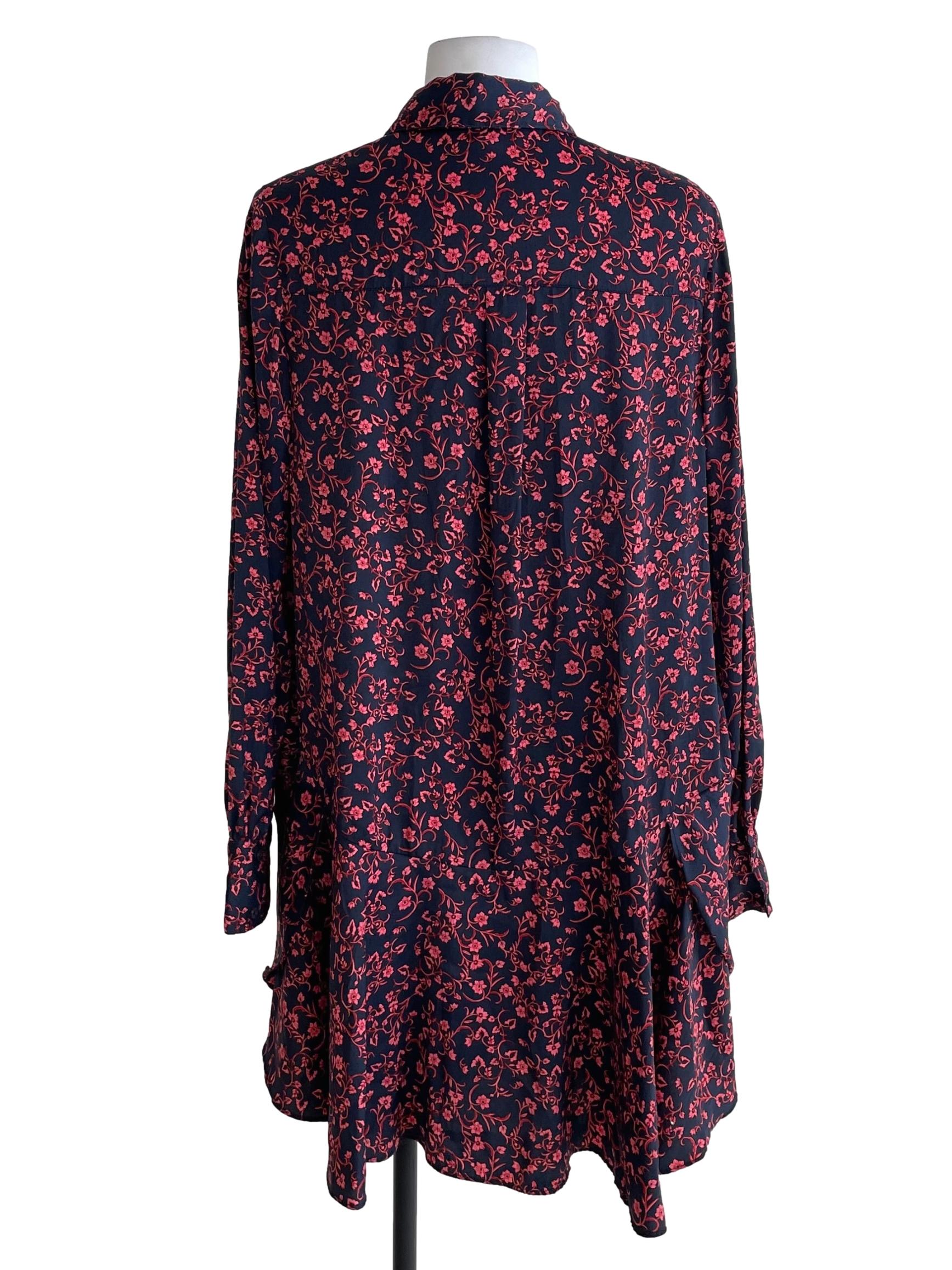 Dark Blue And Red Floral Shirt Dress