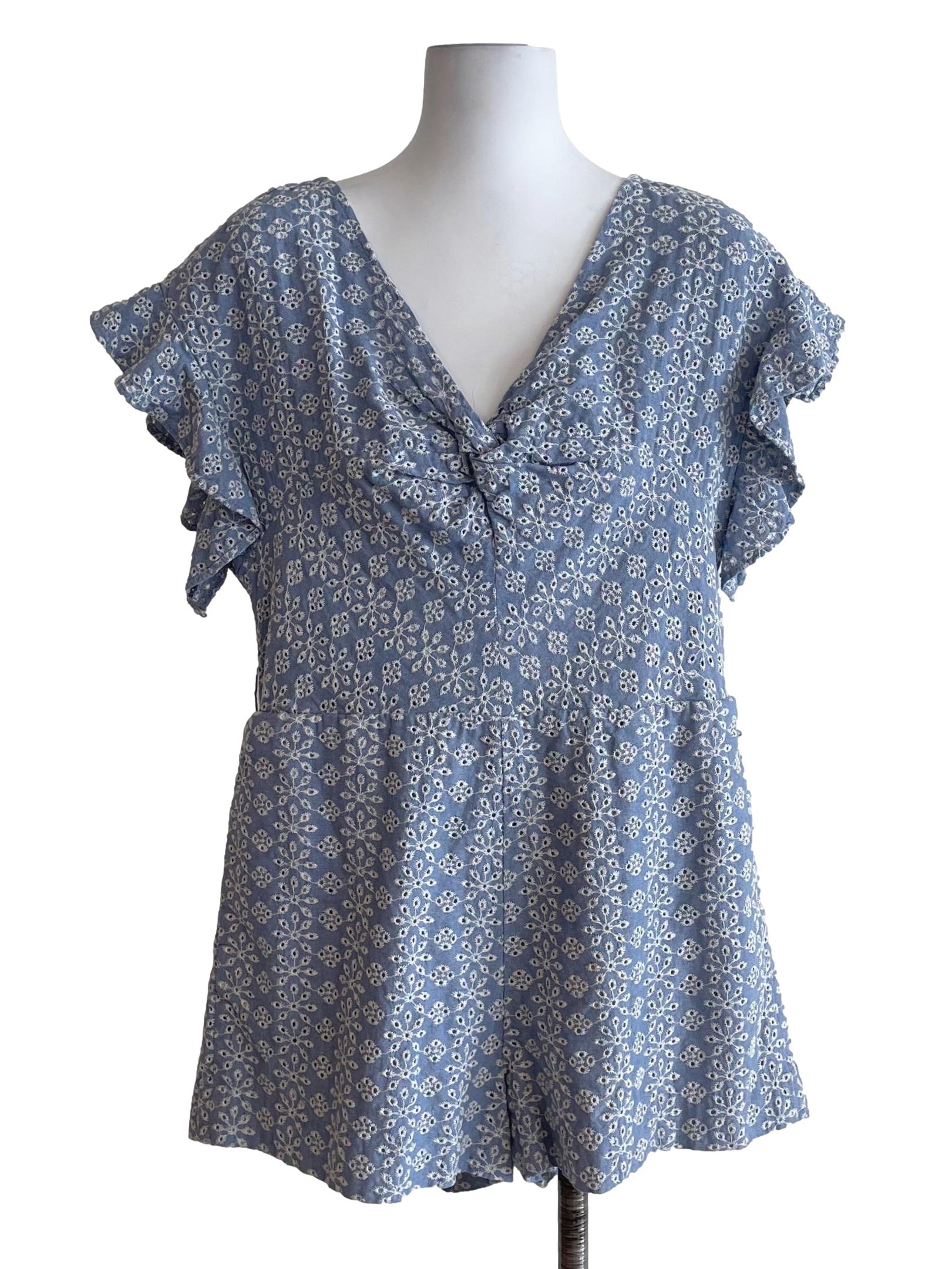 Ash Blue Eyelets V Neck Romper