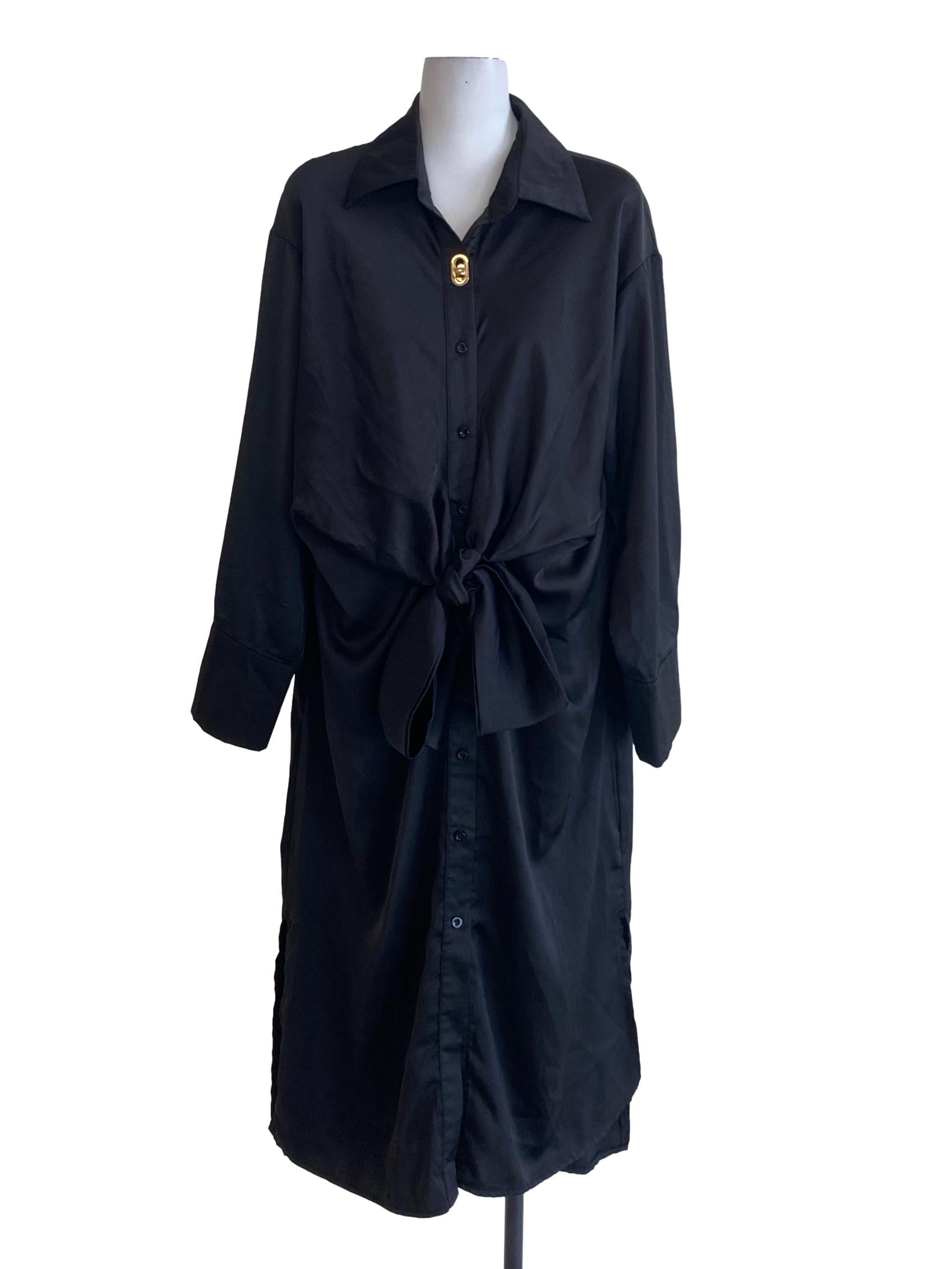 Jet Black Buttoned Down Front Knot Long Sleeve Shirt Dress