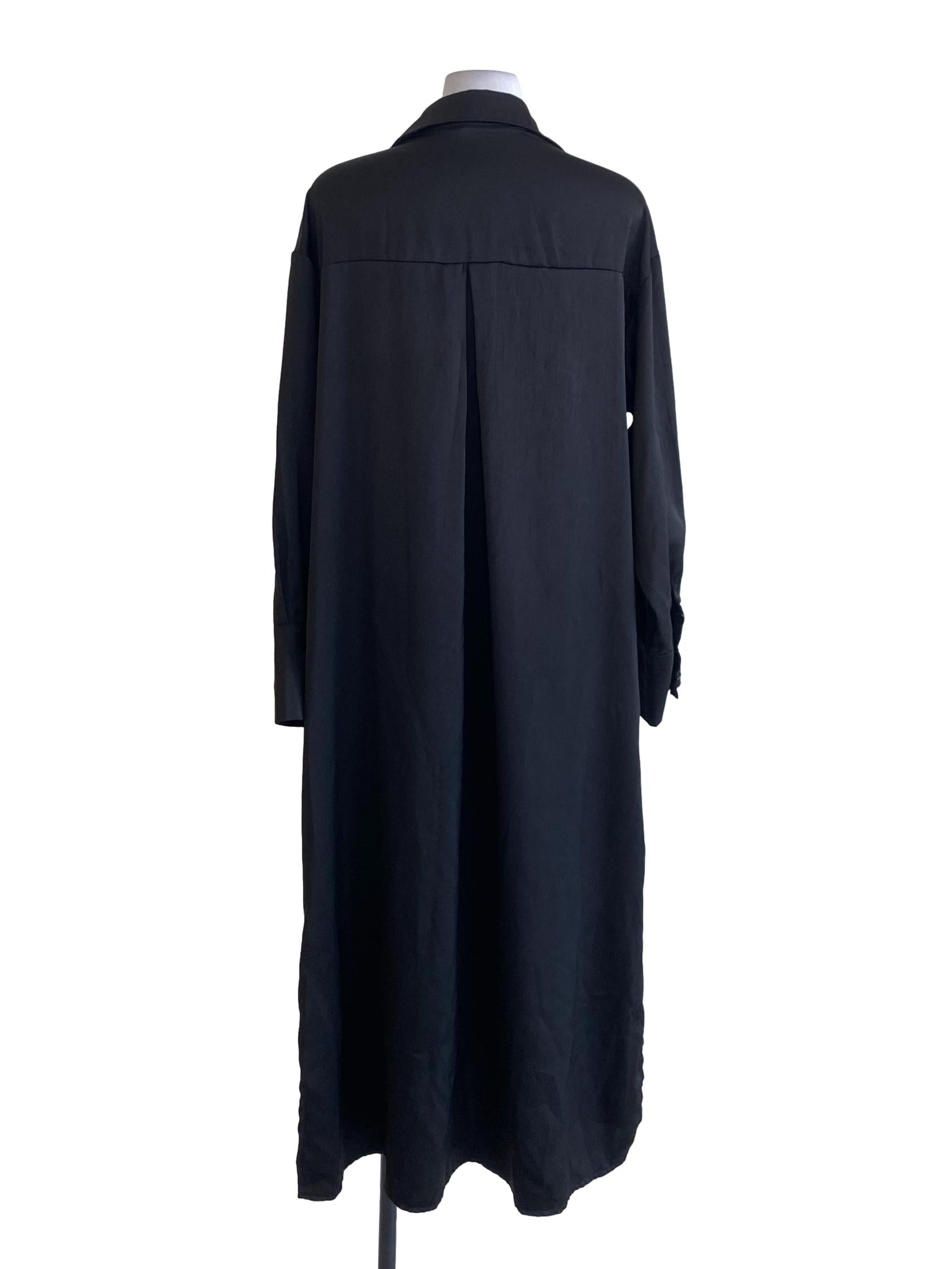 Jet Black Buttoned Down Front Knot Long Sleeve Shirt Dress