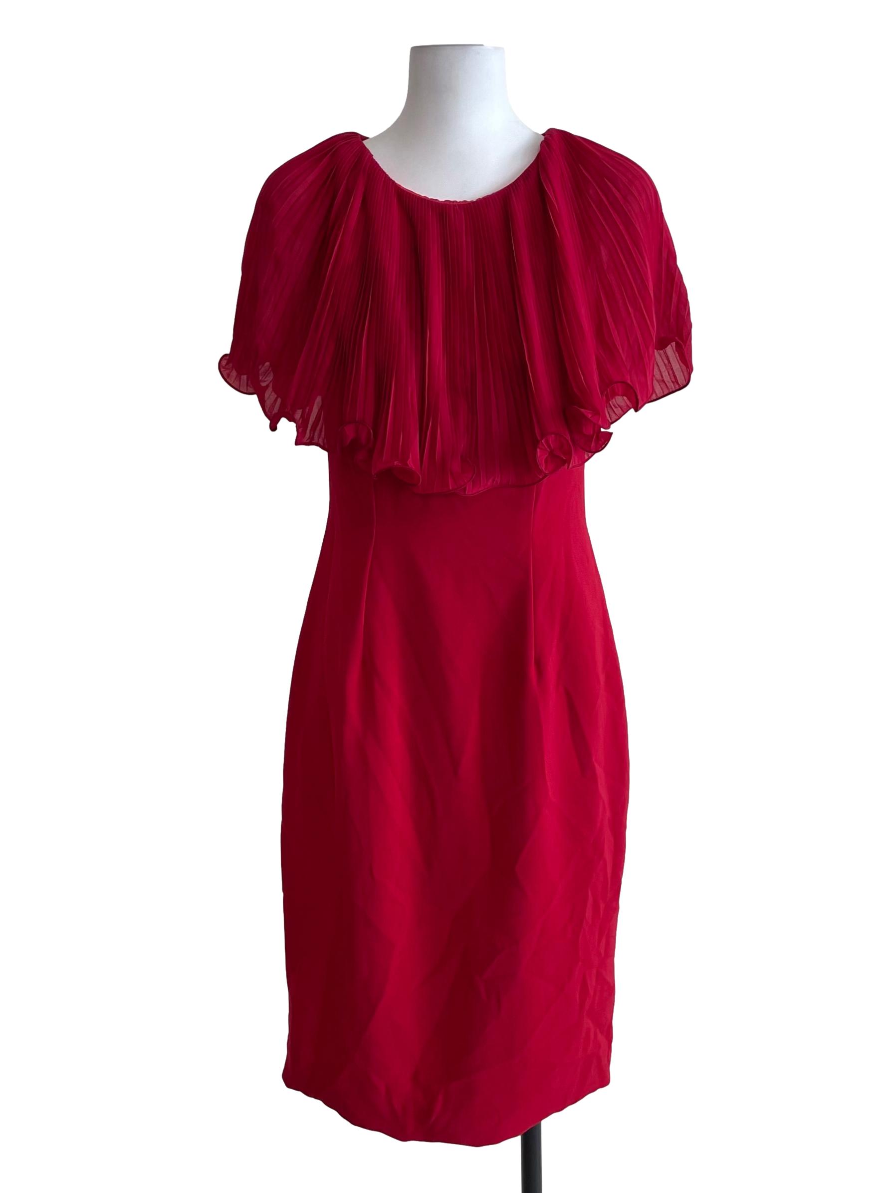 Crimson Red Wavy Cape Sheath Dress