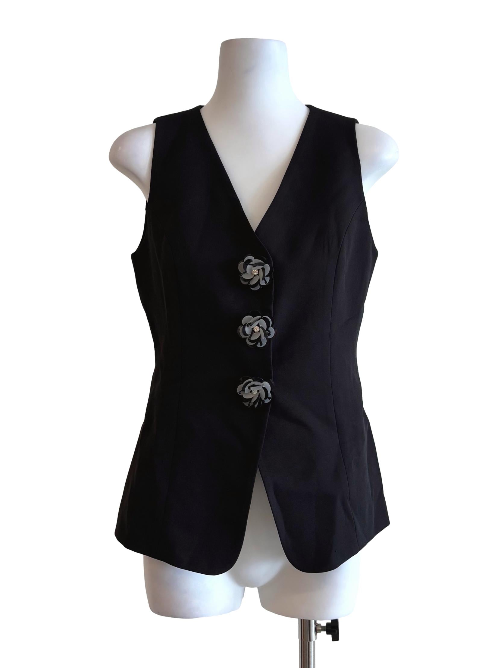Jet Black Flower Button Vest Top