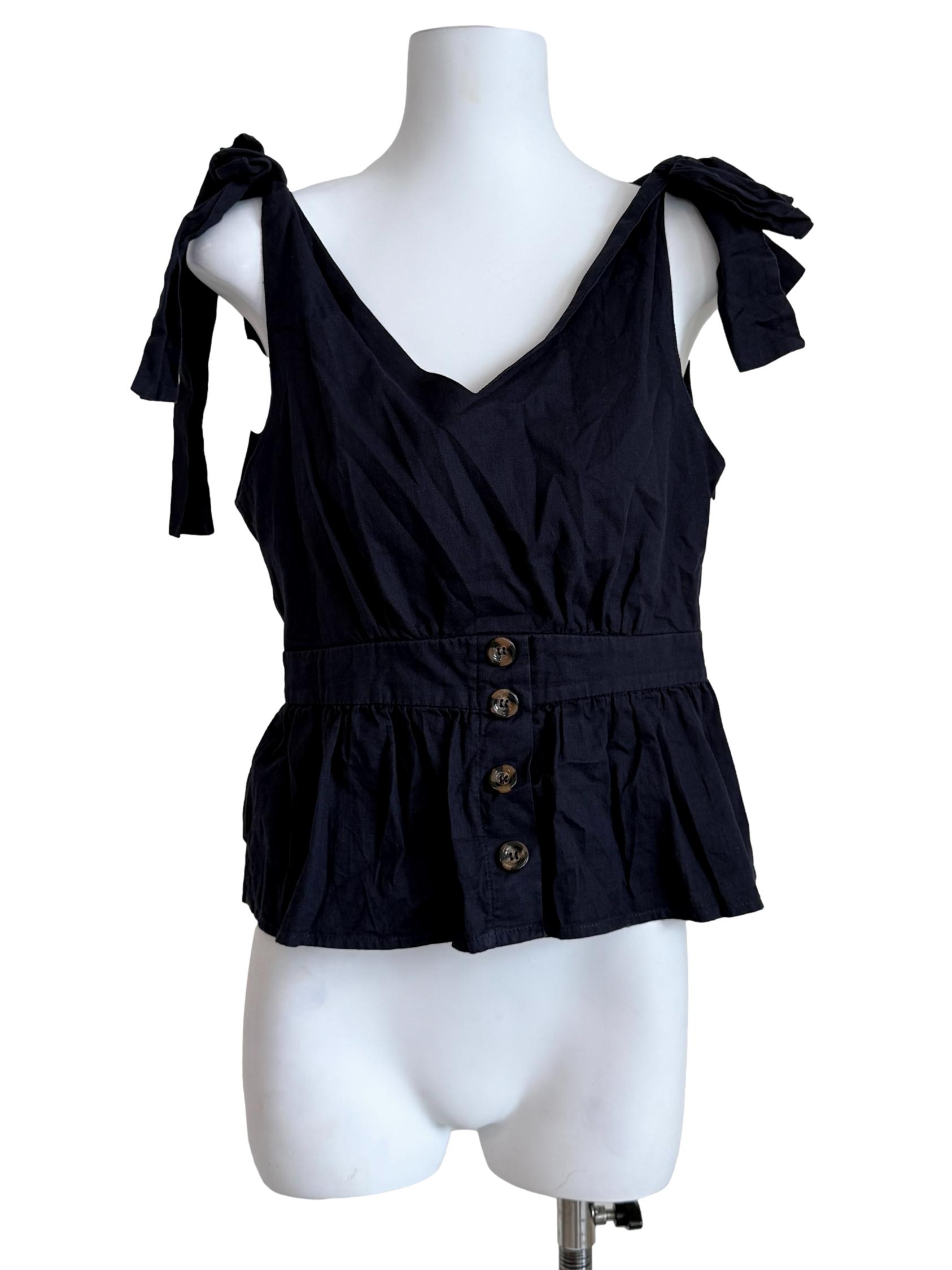 Navy Blue Half Button V-Neck Top