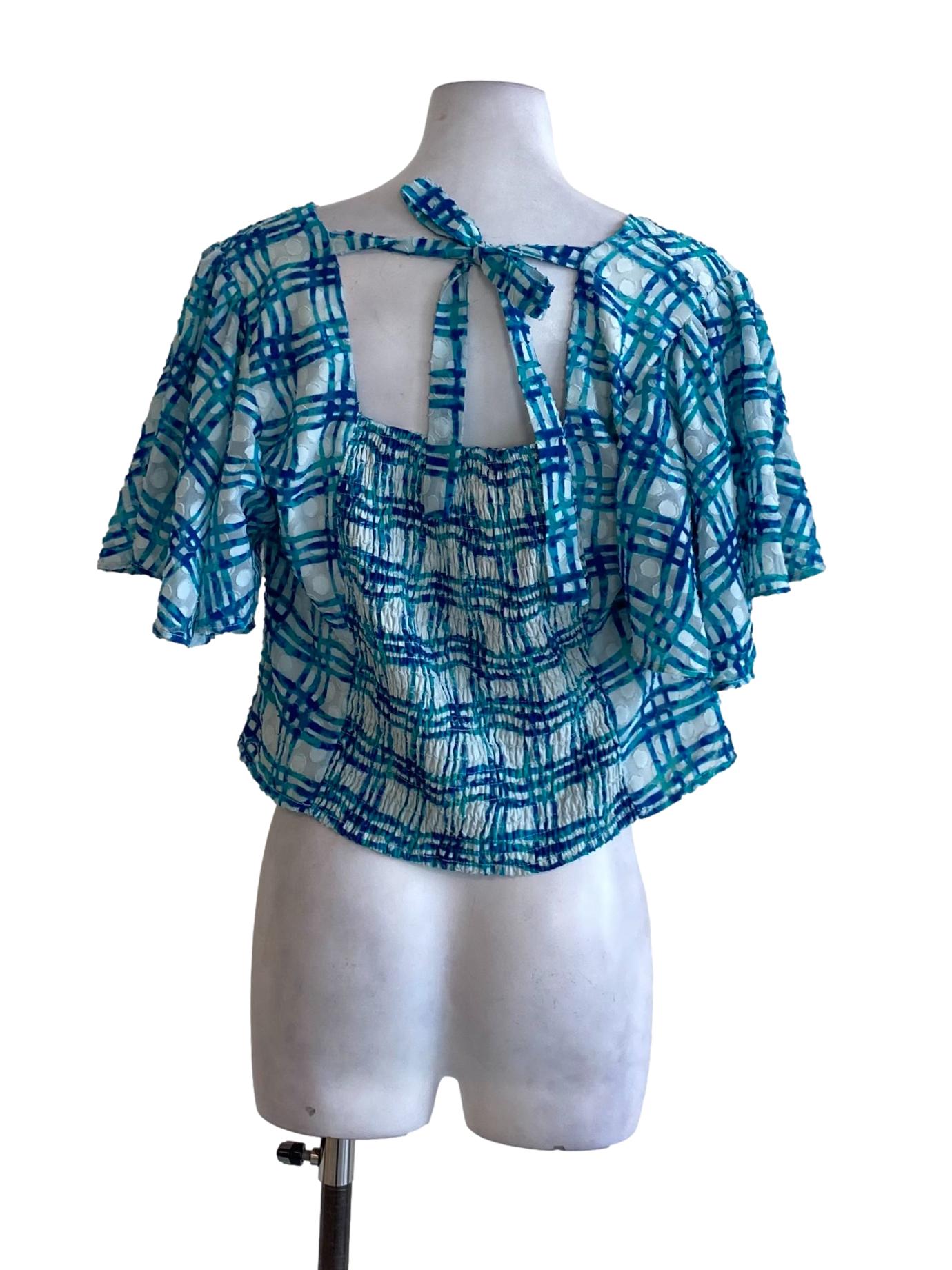 Cerulean Blue Plaid Buttoned Down Cropped Top