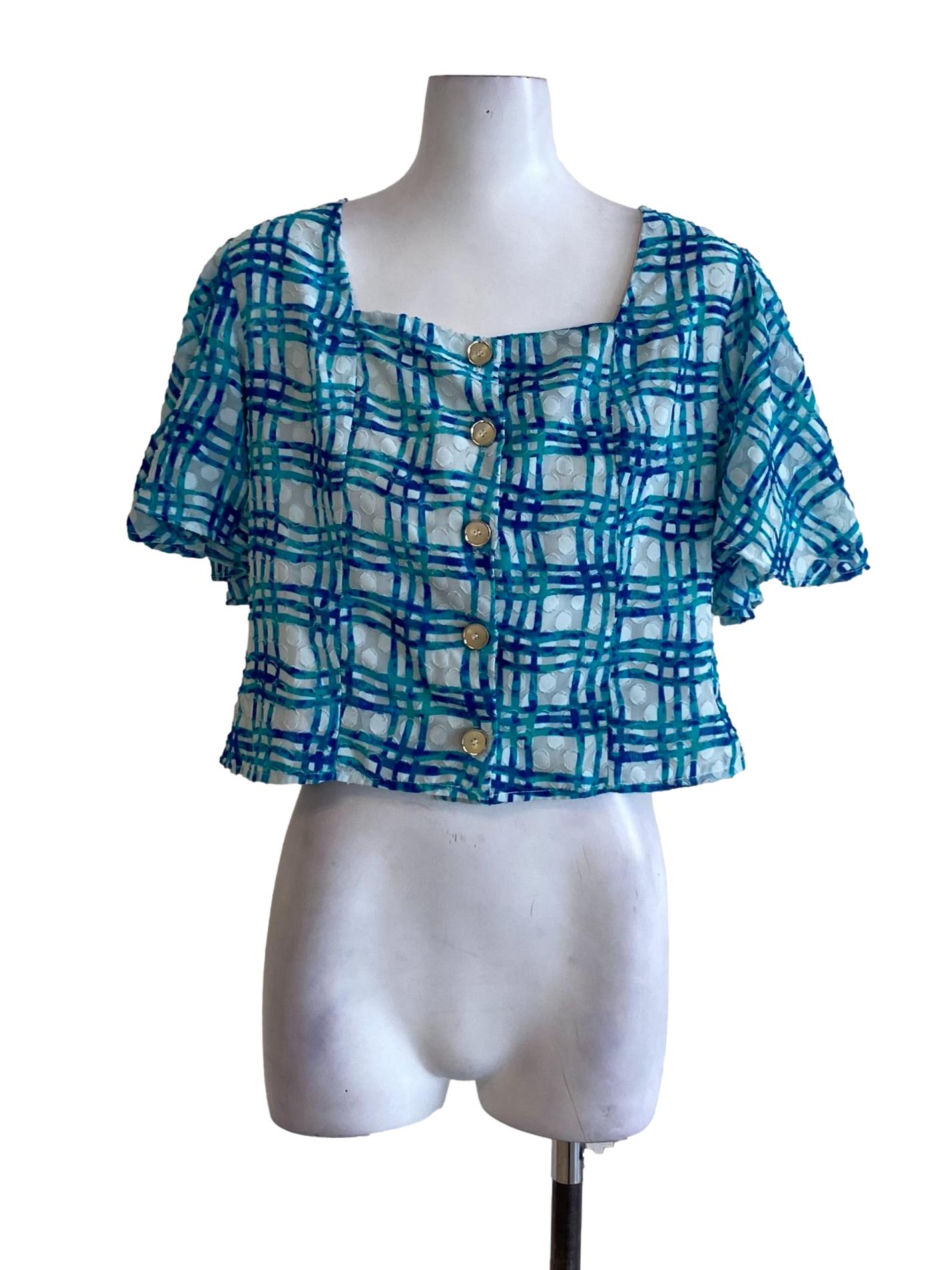 Cerulean Blue Plaid Buttoned Down Cropped Top