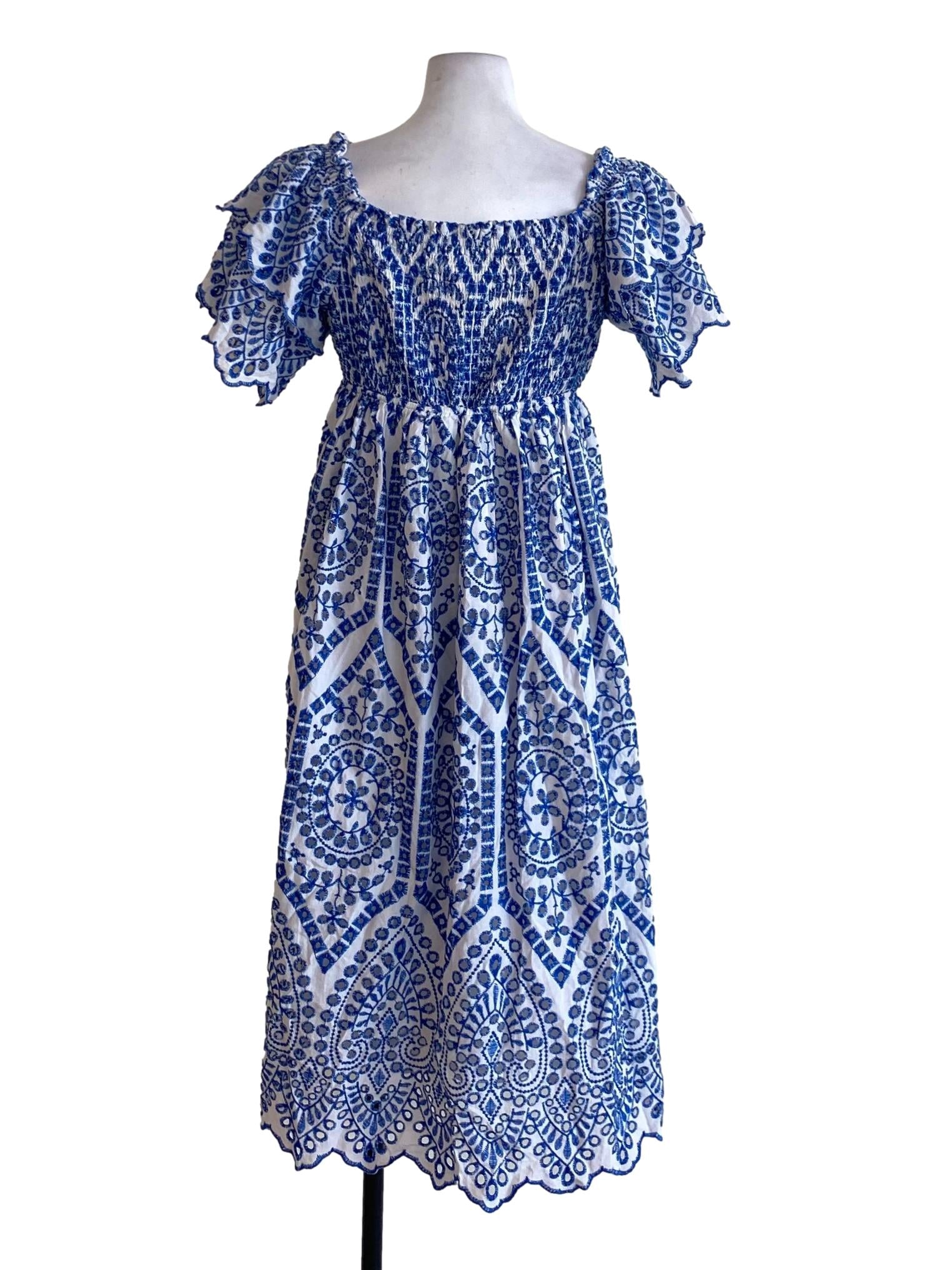 Berry Blue Tapestry Embroidered Neck Layered Sleeve A-Line Dress